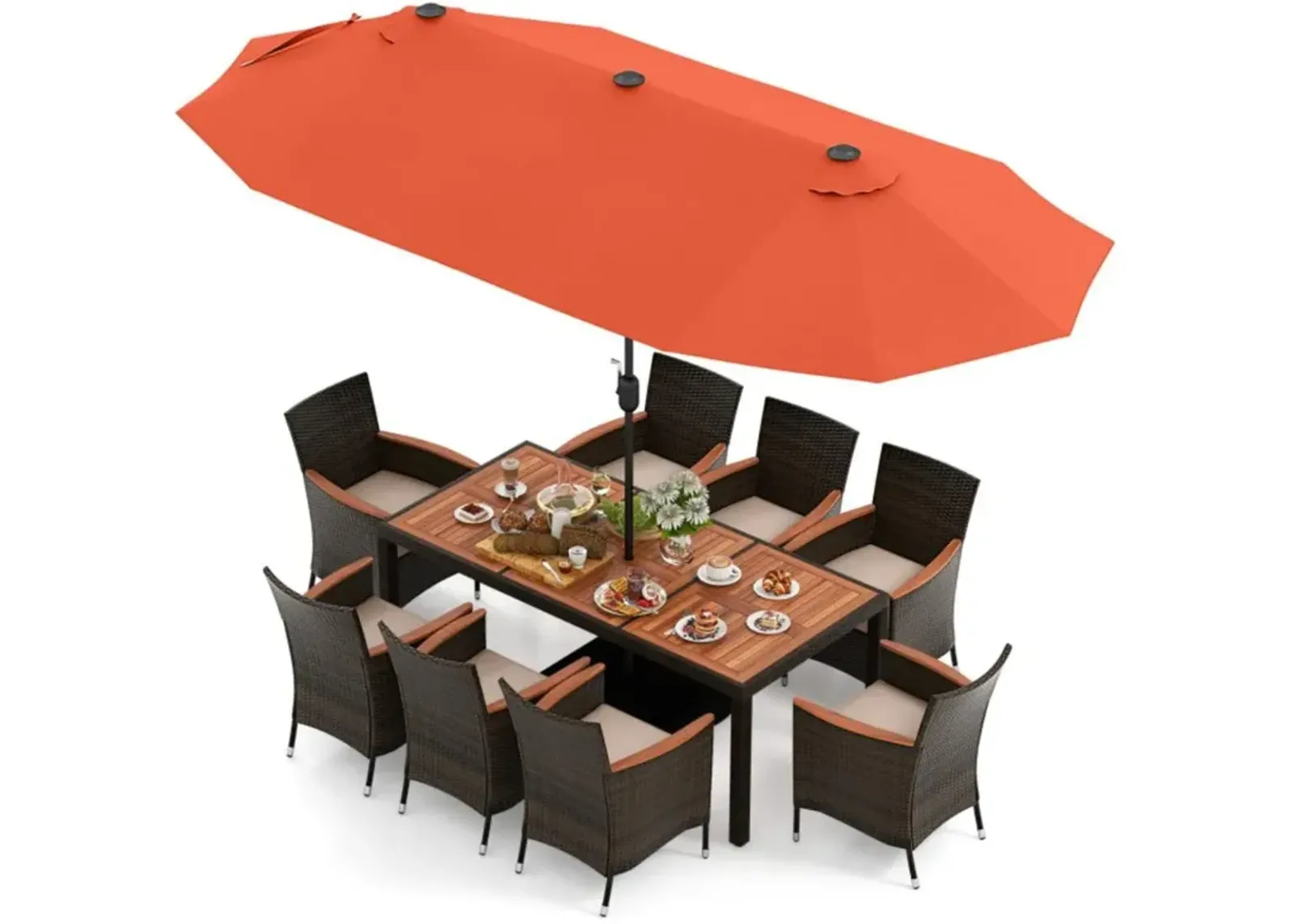 Hivvago 11 Pieces Patio Dining Set with 15 Feet Double-Sided Patio Umbrella and Base