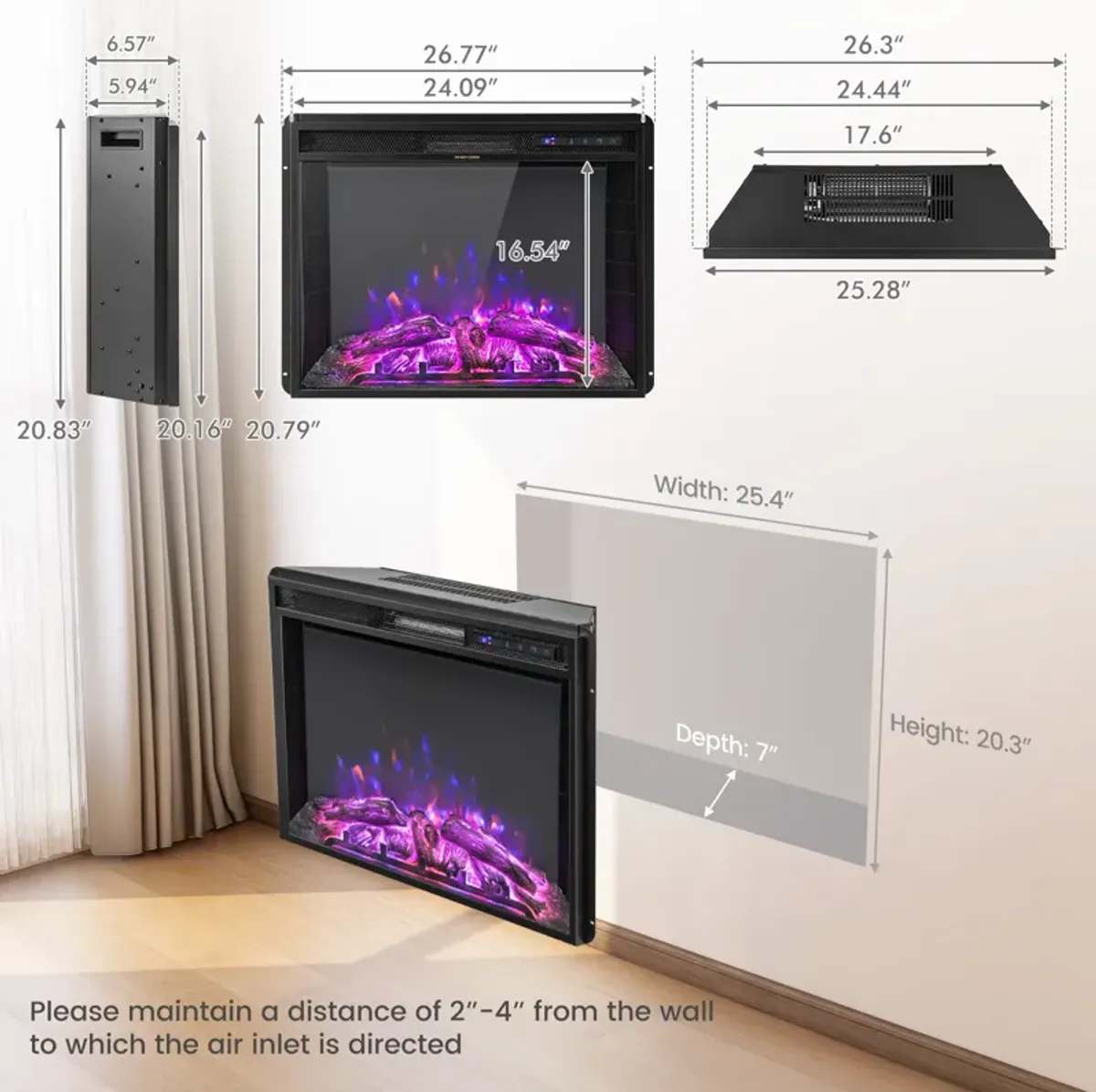 26 Inch Recessed Electric Fireplace with Adjustable Flame Brightness