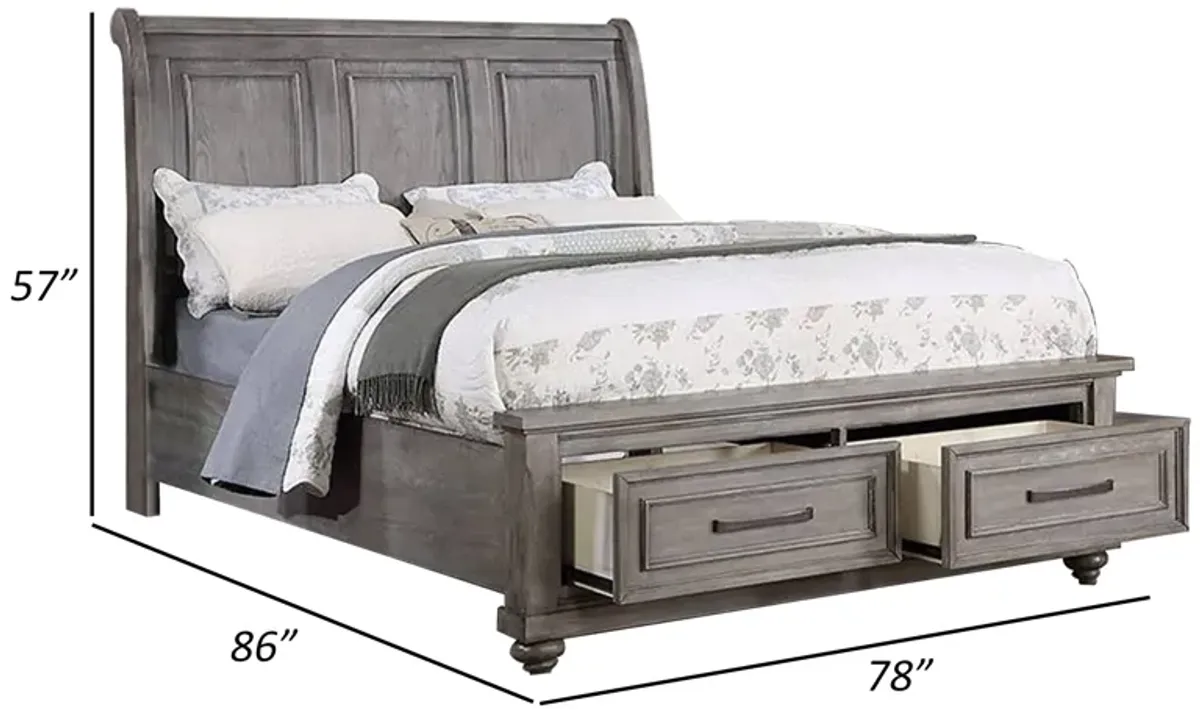 Demi King Size Bed, Sleigh Headboard, 2 Storage Drawers, Oak Gray Wood - Benzara