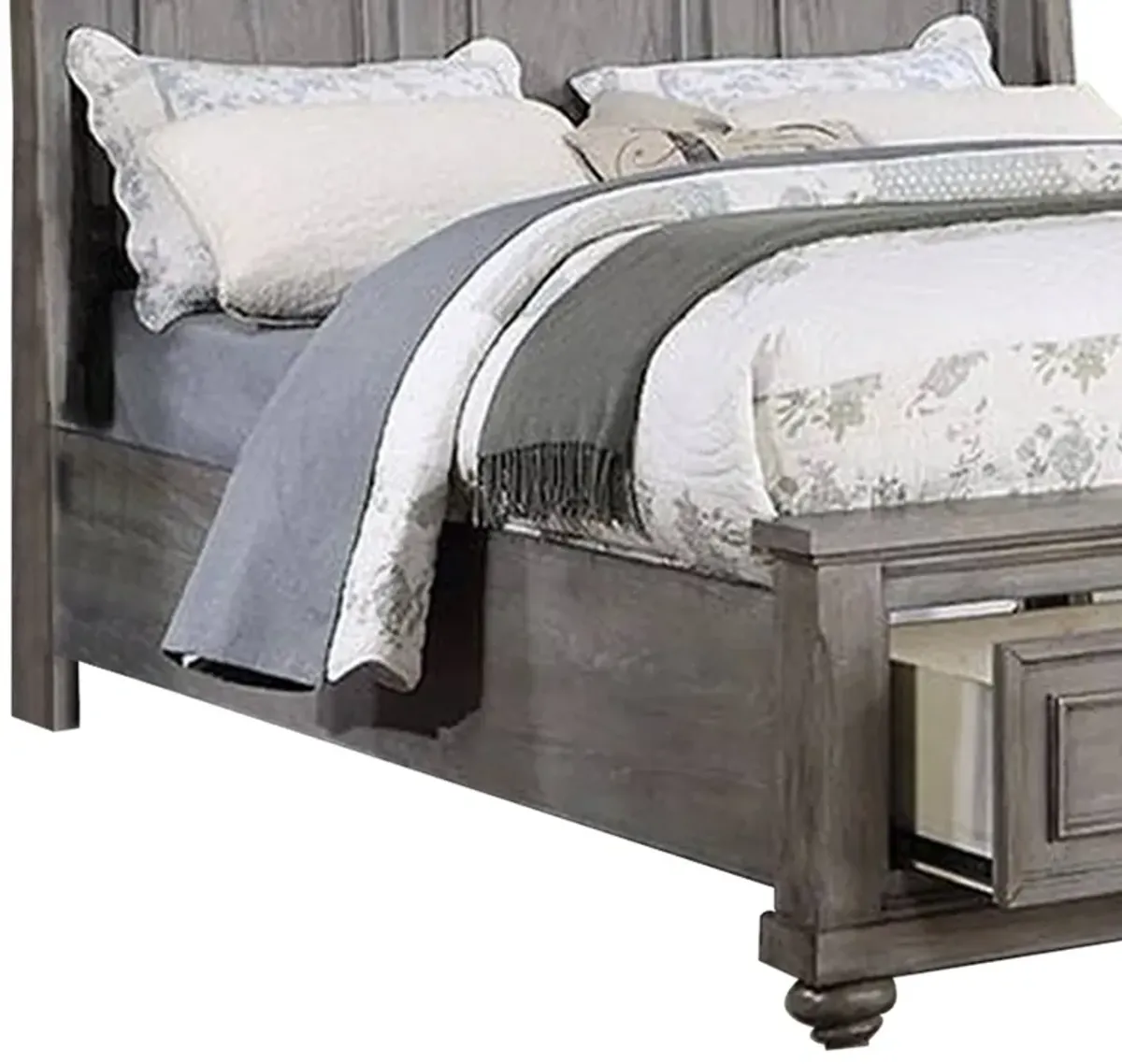 Demi King Size Bed, Sleigh Headboard, 2 Storage Drawers, Oak Gray Wood - Benzara