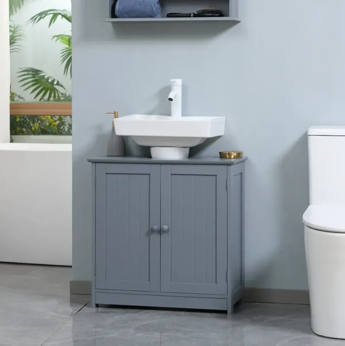 Grey Bathroom Storage: Pedestal Sink Cabinet with Doors & Shelf