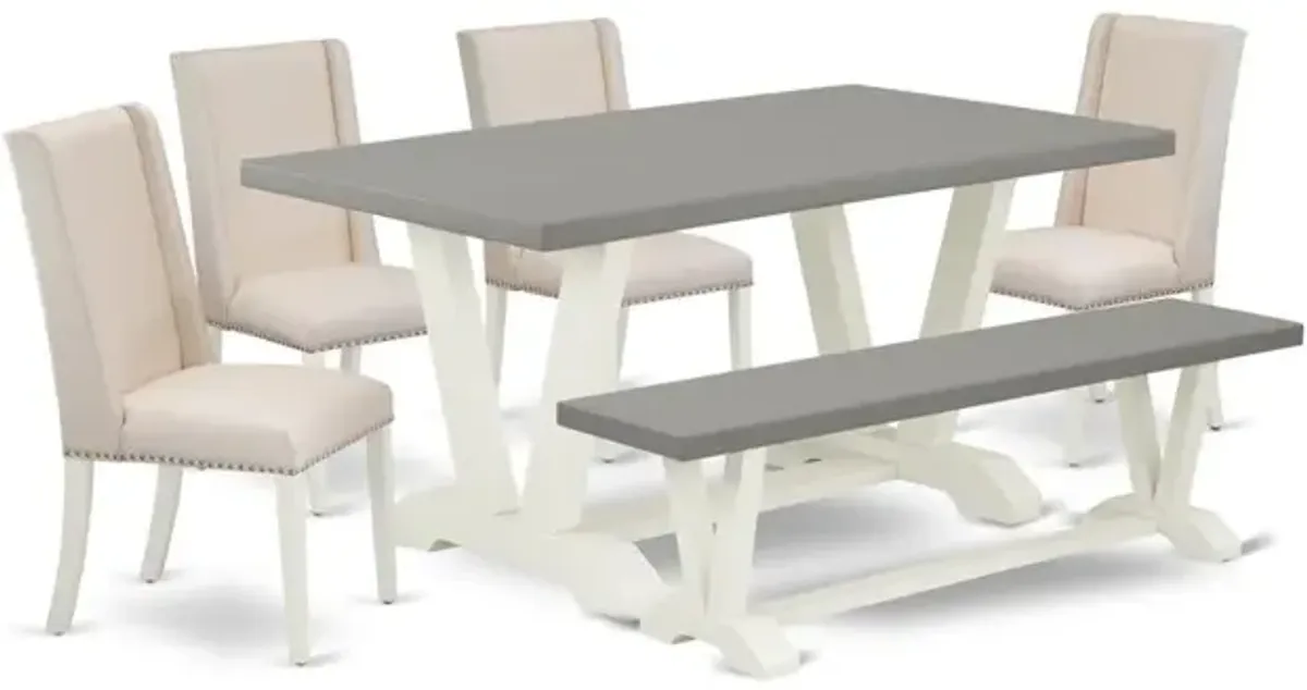 East West Furniture V096FL201-6 6-Piece Modern Dining Room Table Set an Excellent Cement Color dining table Top and Cement Color Small Bench and 4 Lovely Linen Fabric Padded Chairs with Nail Heads and