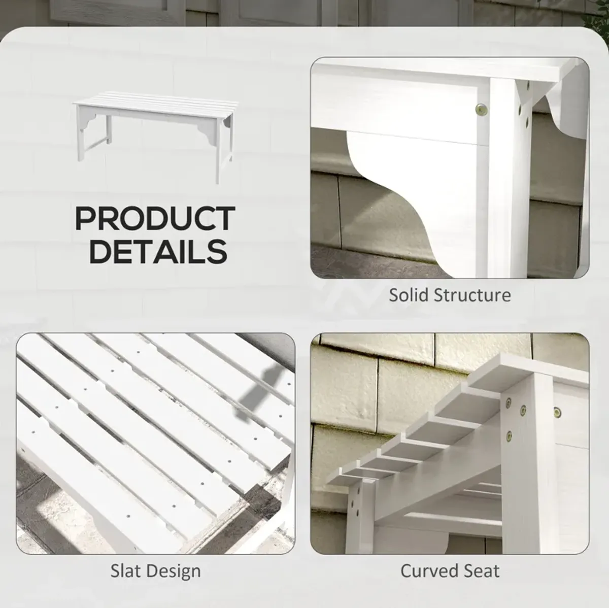 Outsunny Wooden Garden Bench, Outdoor Park Bench with Slatted Seat, Backless Front Porch Bench with Curved Seat for Conservatory, Garden, Poolside, Deck, White