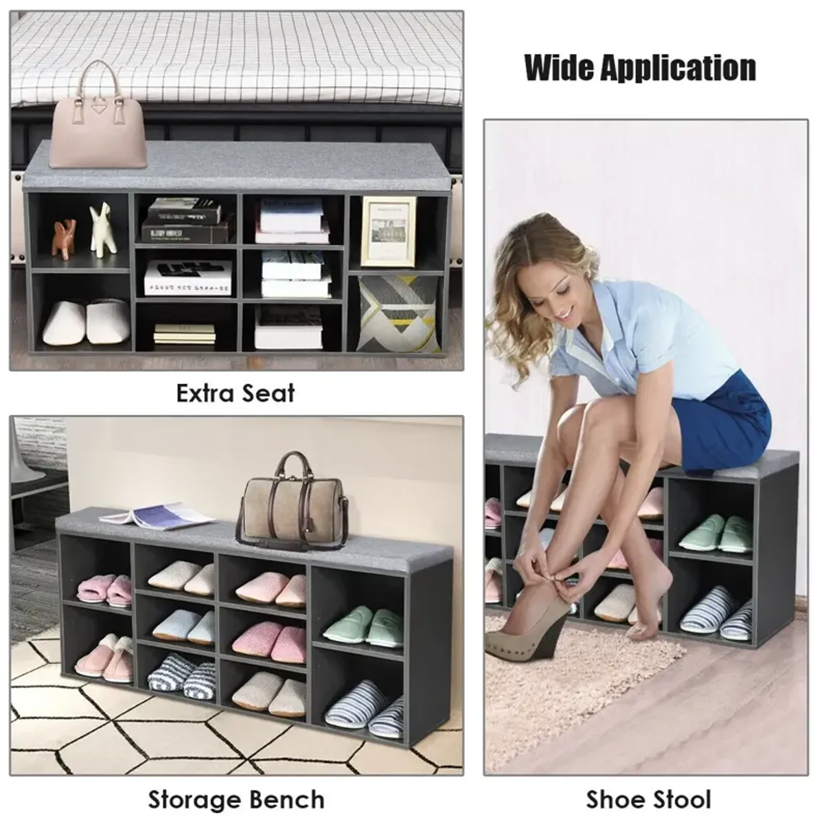 10-Cube Organizer Shoe Storage Bench with Cushion for Entryway