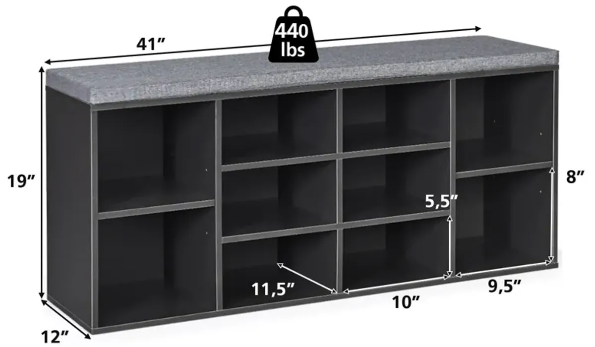 10-Cube Organizer Shoe Storage Bench with Cushion for Entryway