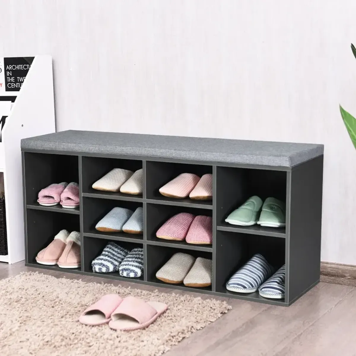 10-Cube Organizer Shoe Storage Bench with Cushion for Entryway