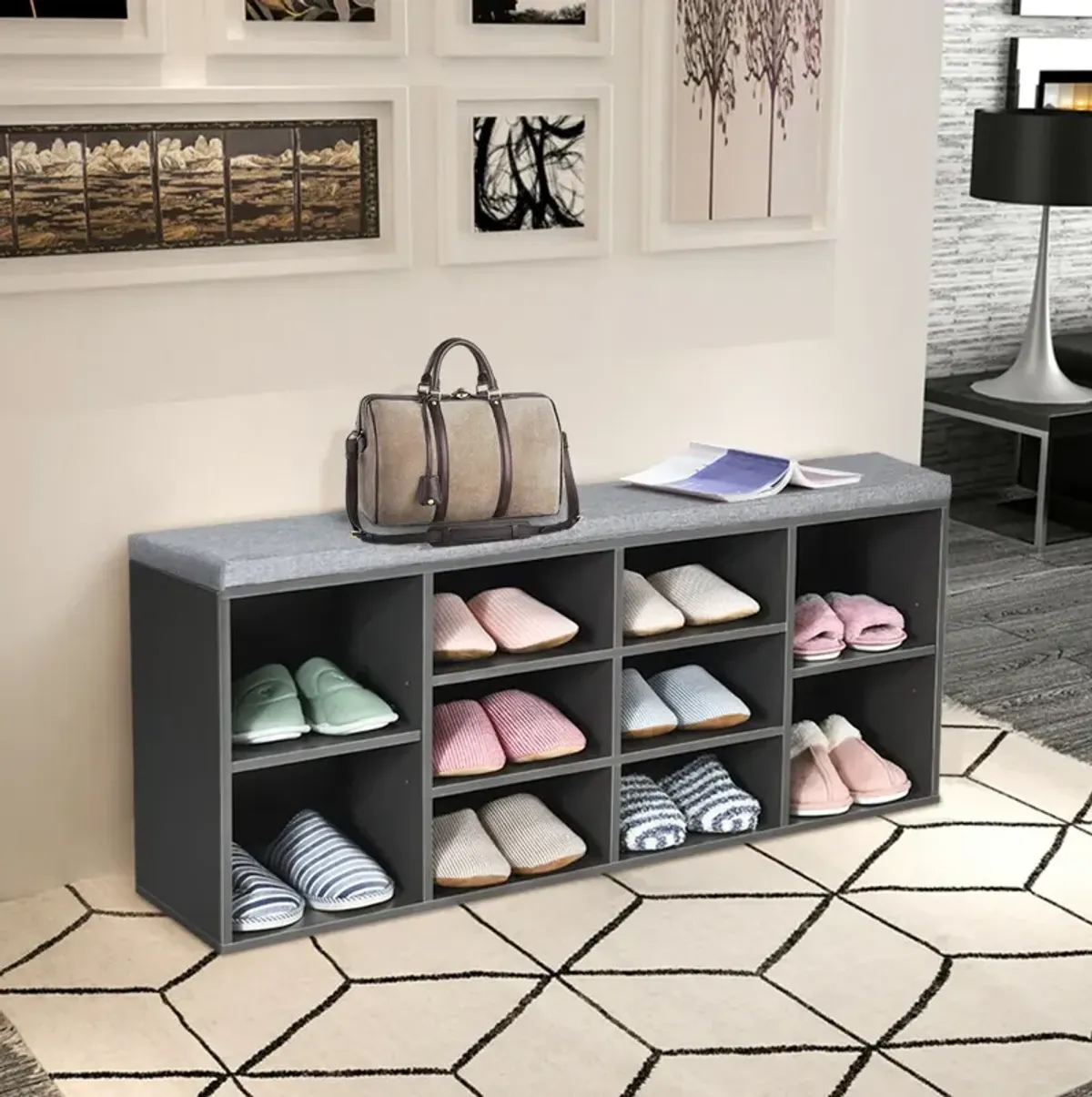 10-Cube Organizer Shoe Storage Bench with Cushion for Entryway