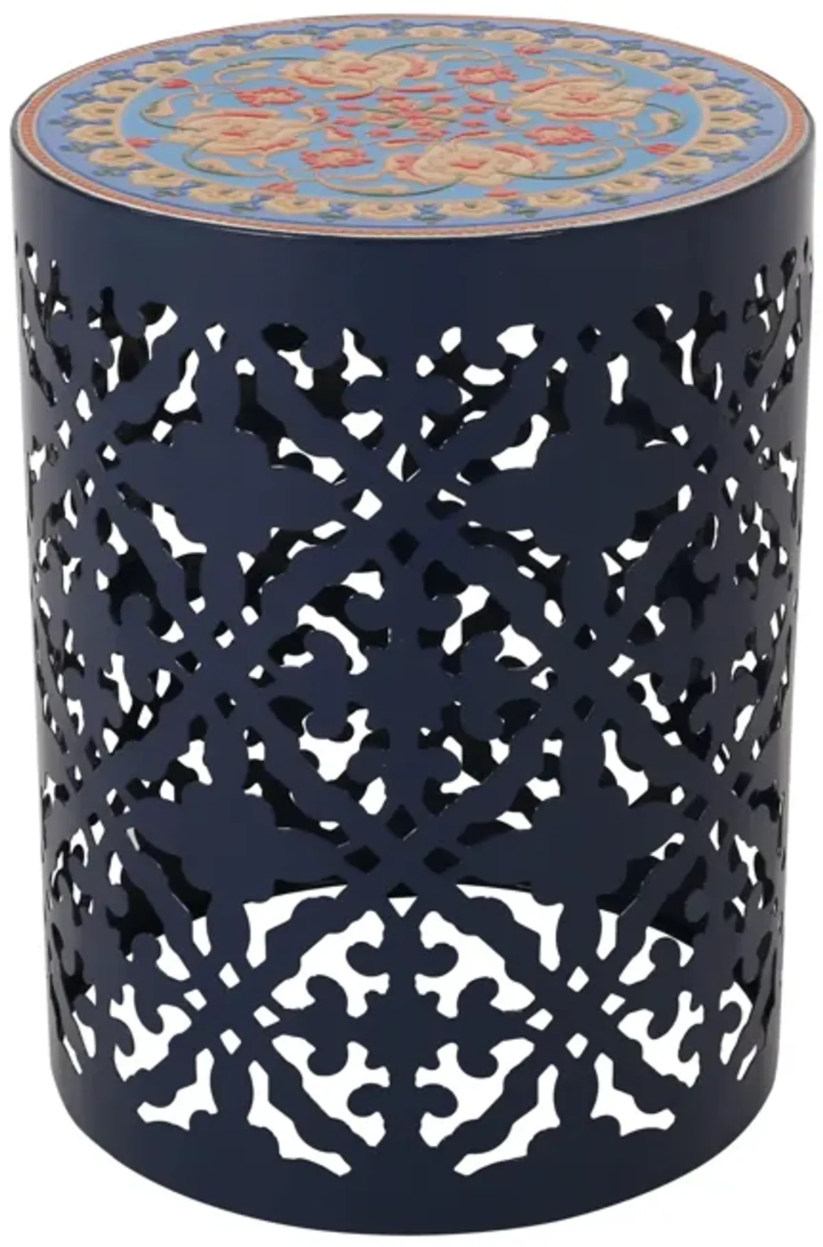 Riki Side End Table, 14 Inch, Mosaic Tile Rattan Top, Dark Blue Lace Cut Metal - Benzara