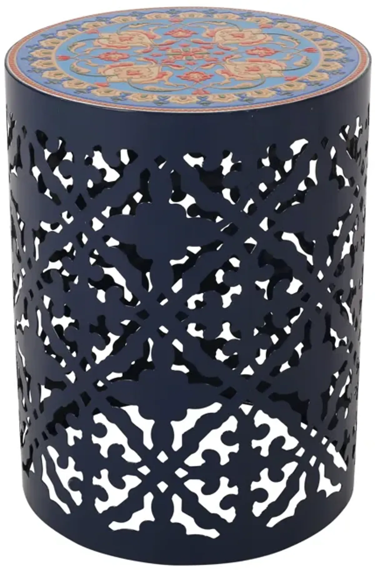 Riki Side End Table, 14 Inch, Mosaic Tile Rattan Top, Dark Blue Lace Cut Metal - Benzara