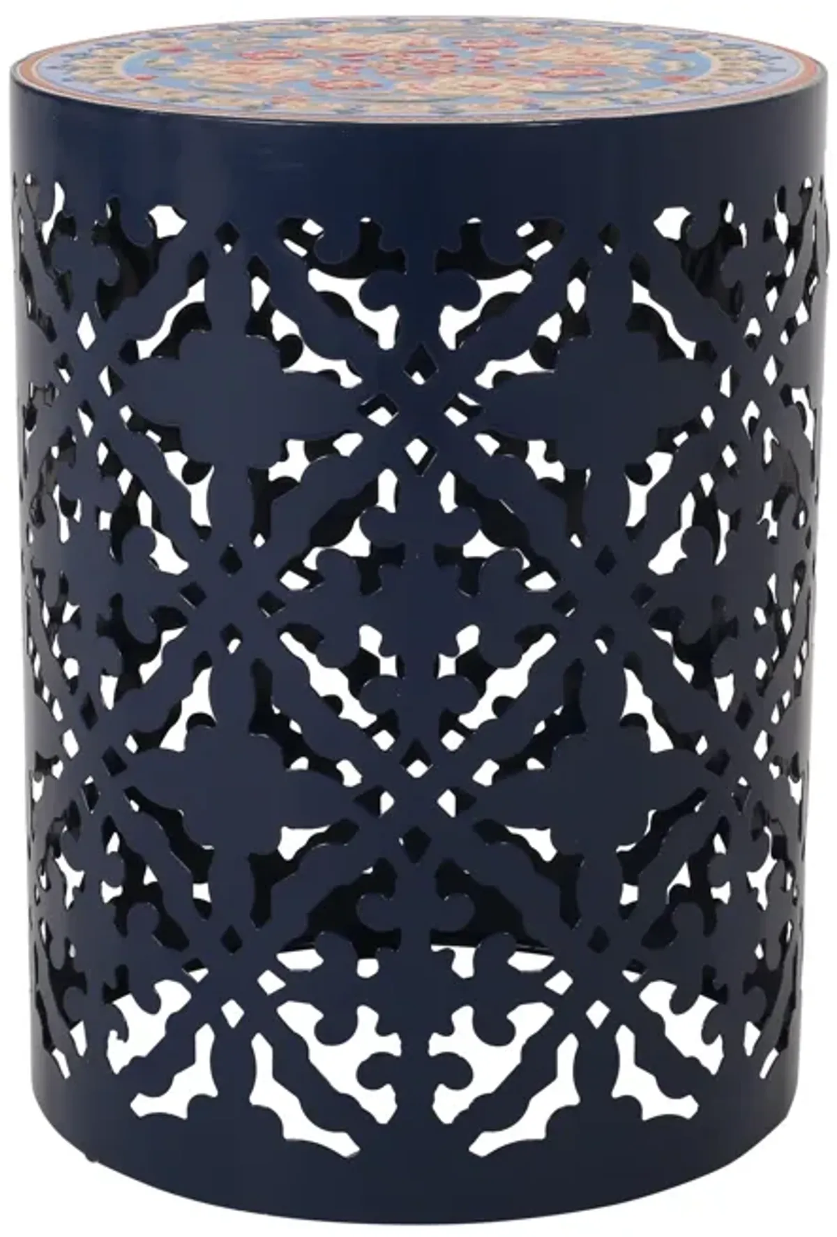 Riki Side End Table, 14 Inch, Mosaic Tile Rattan Top, Dark Blue Lace Cut Metal - Benzara