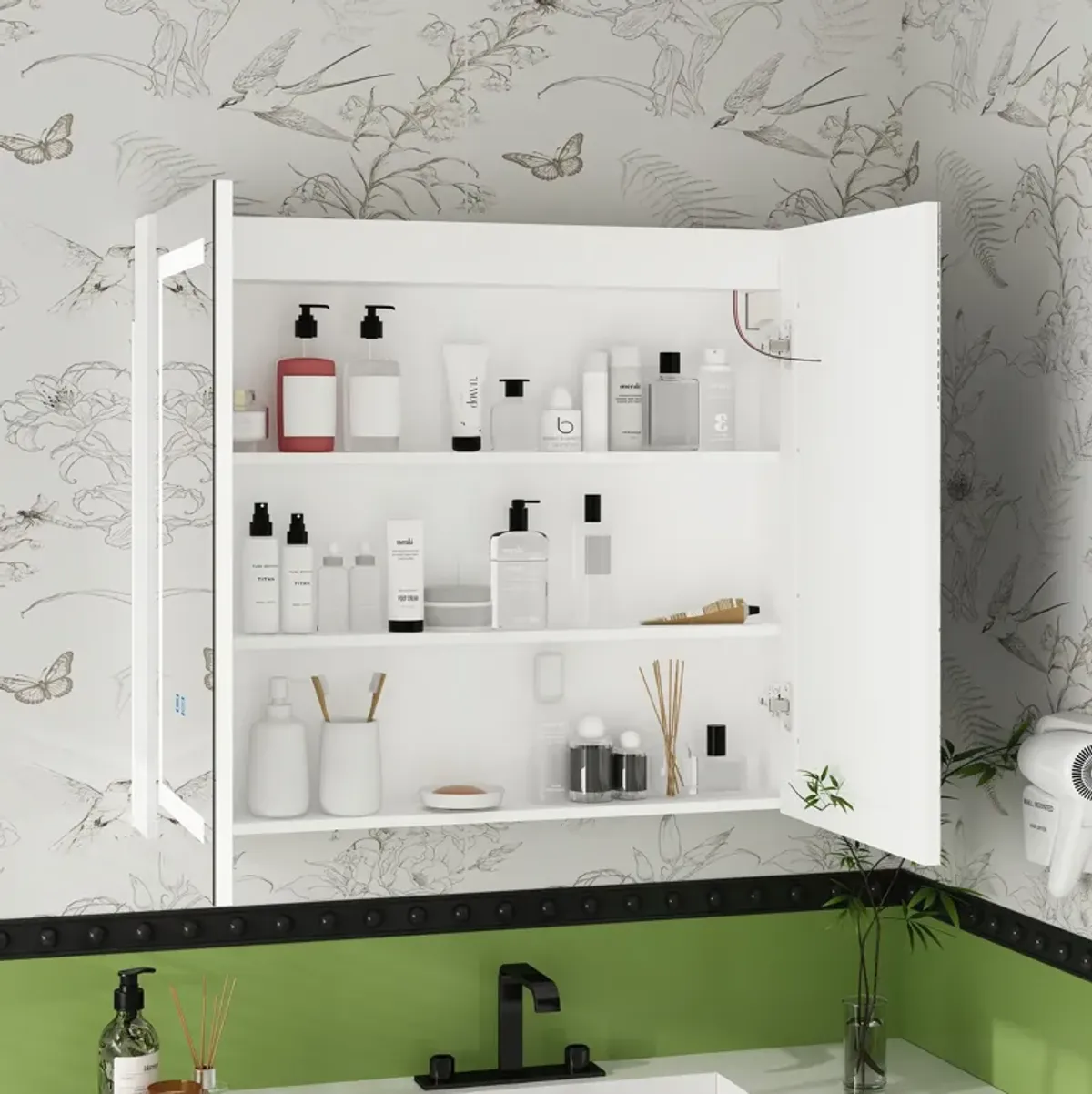 FUFU&GAGA LED Bathroom Mirror Cabinet with Adjustable Shelves and Defogging Function,(35.4" W x 17.7" D x 31.3" H),White