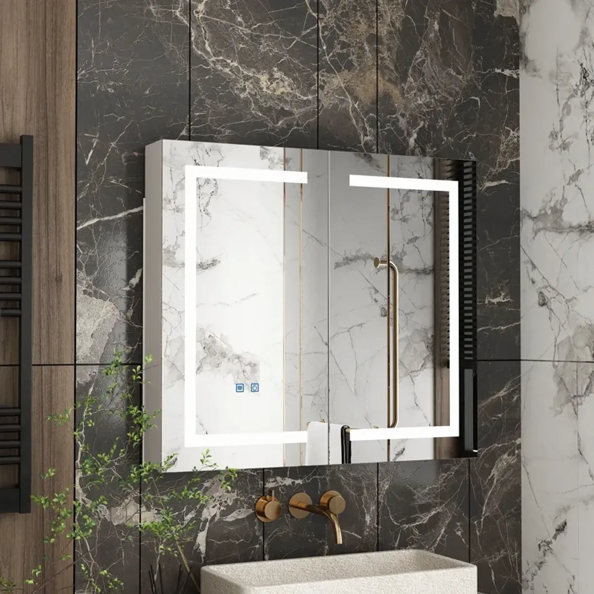 FUFU&GAGA LED Bathroom Mirror Cabinet with Adjustable Shelves and Defogging Function,(35.4" W x 17.7" D x 31.3" H),White