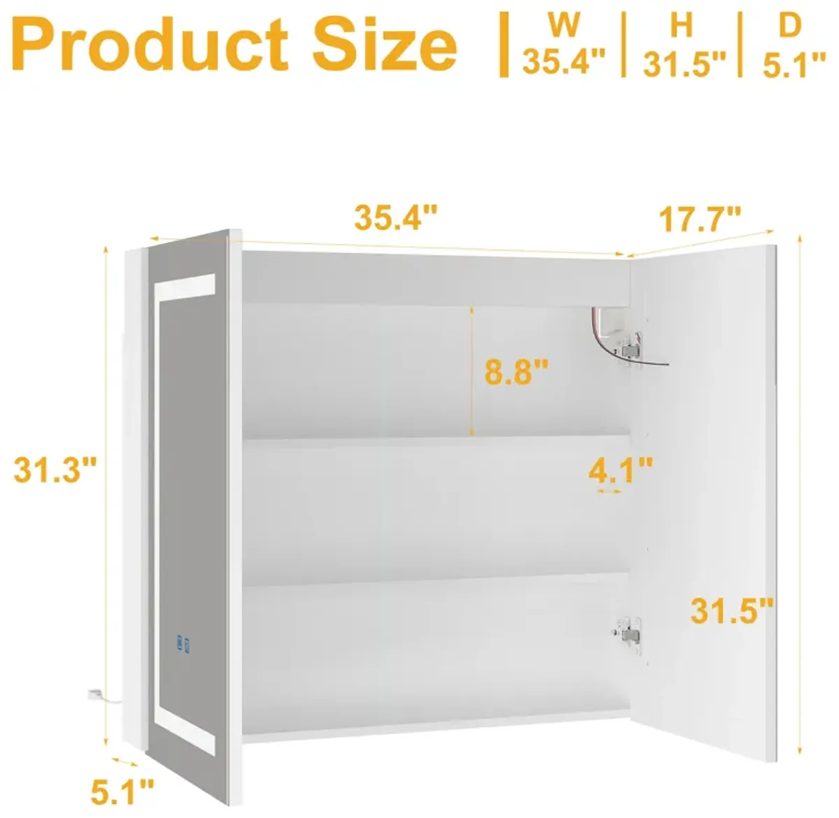 FUFU&GAGA LED Bathroom Mirror Cabinet with Adjustable Shelves and Defogging Function,(35.4" W x 17.7" D x 31.3" H),White