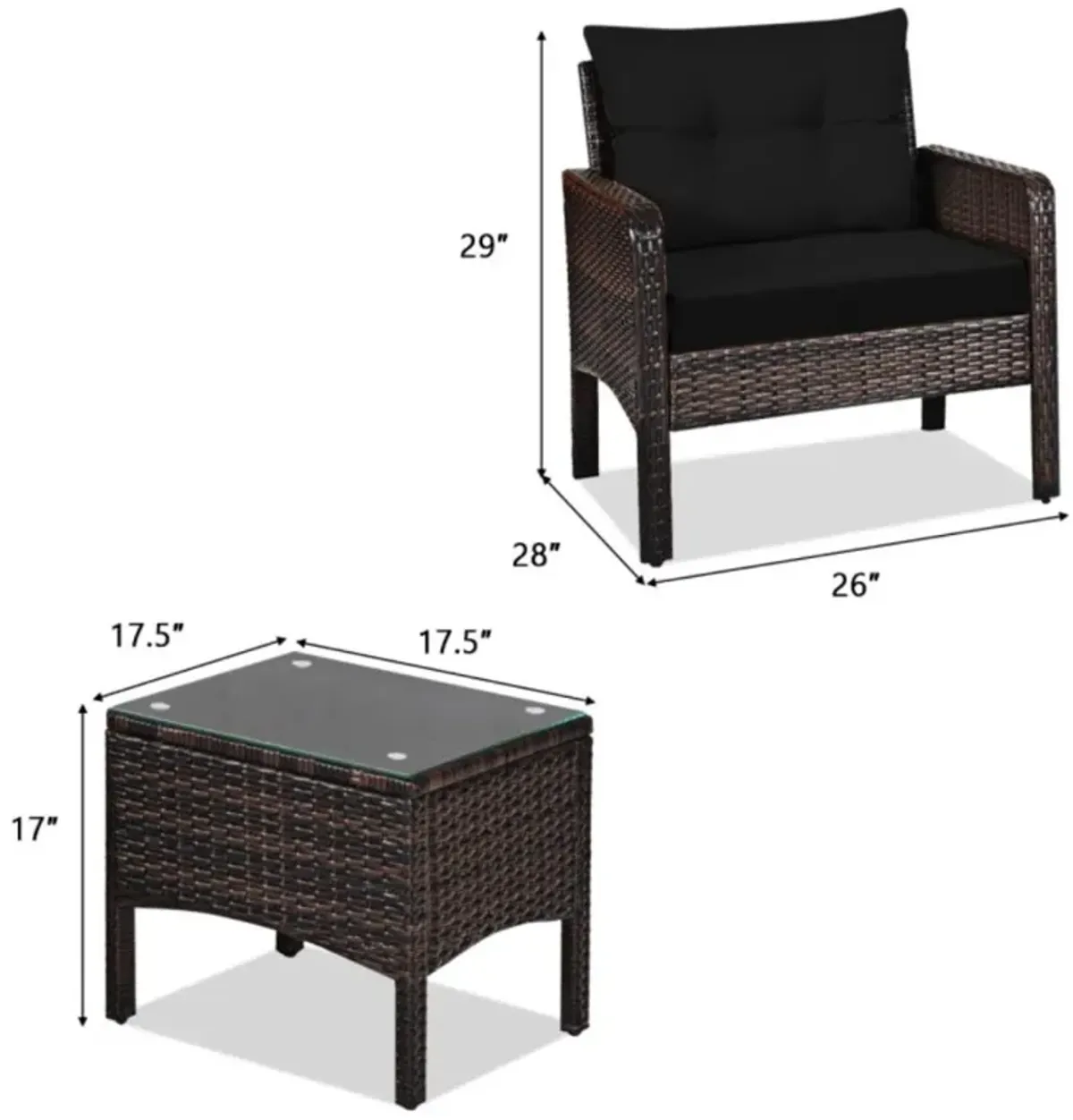 Hivvago 3 Pieces Outdoor Patio Rattan Conversation Set with Seat Cushions