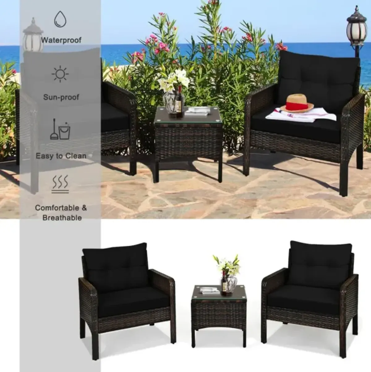 Hivvago 3 Pieces Outdoor Patio Rattan Conversation Set with Seat Cushions