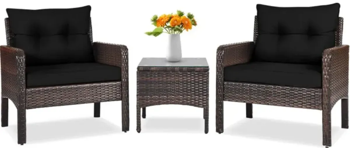 Hivvago 3 Pieces Outdoor Patio Rattan Conversation Set with Seat Cushions