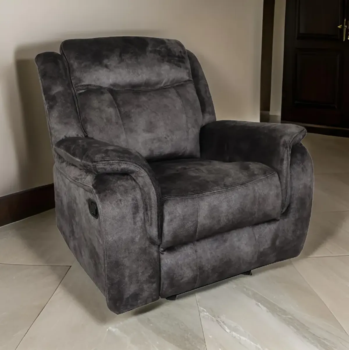 Harbor 39 Inch Manual Recliner Chair, Pocket Coils, Gray Faux Suede Velvet - Benzara