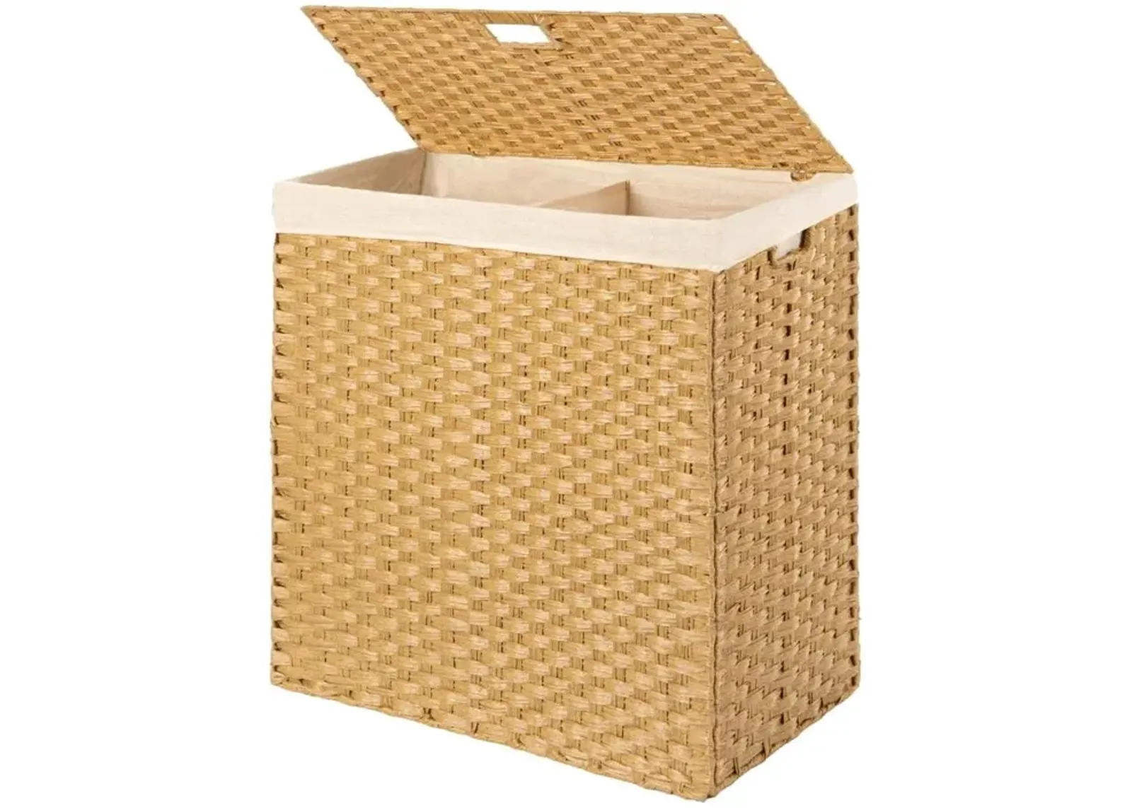 Folding 2-Bin Natural PE Wicker Linen Liner Laundry Hamper w/ Handles