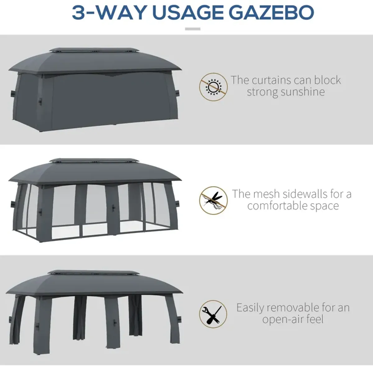 Dark Gray Garden Pavilion: 10x20ft Netted Gazebo Canopy