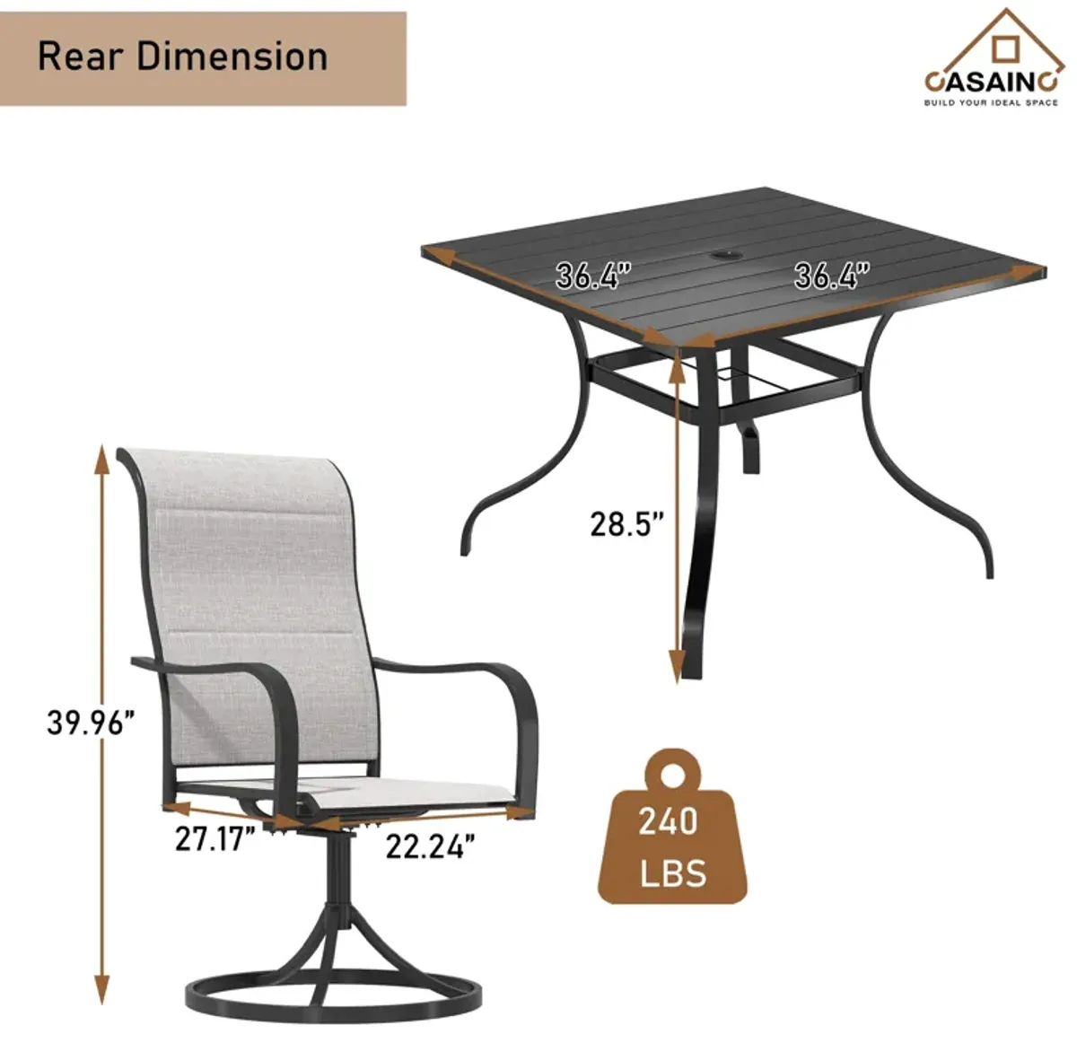 5 Piece Steel Frame Patio Dining Set, Swivel Dining Chair