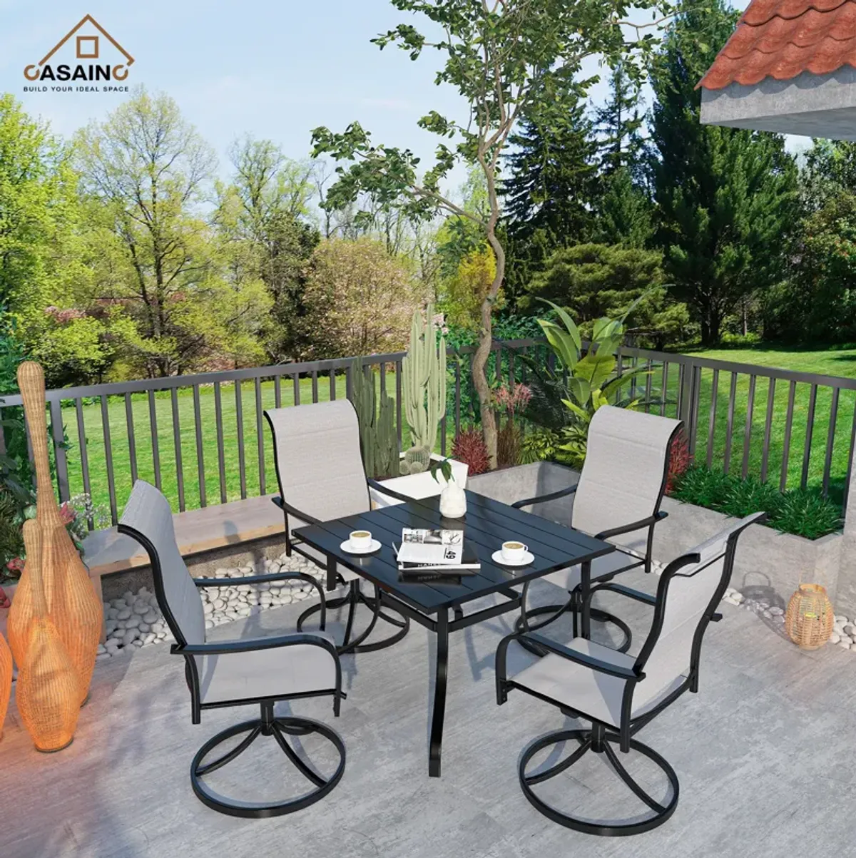 5 Piece Steel Frame Patio Dining Set, Swivel Dining Chair