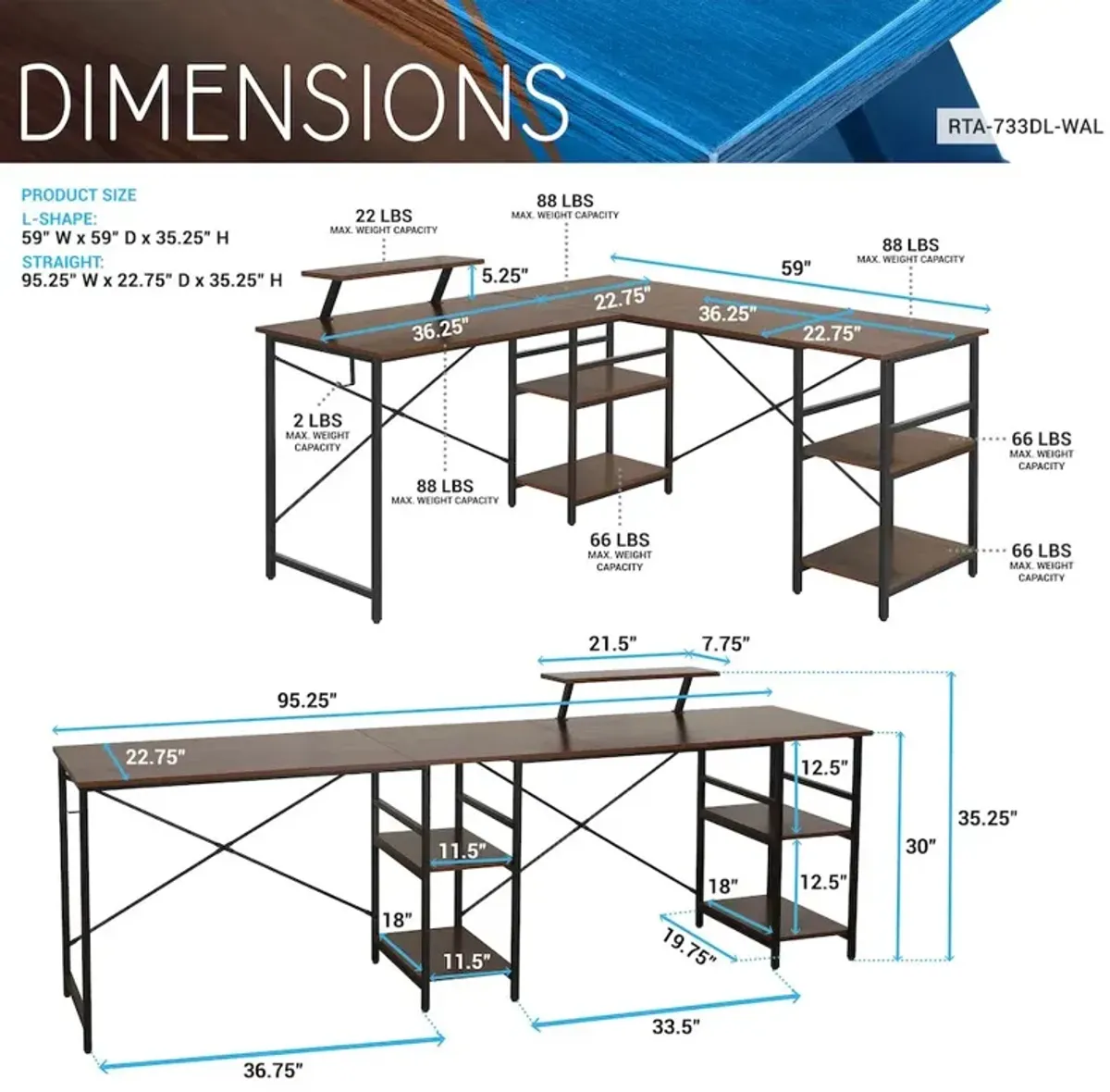 Techni Mobili L-Shape Industrial Desk with storage shelves, Walnut