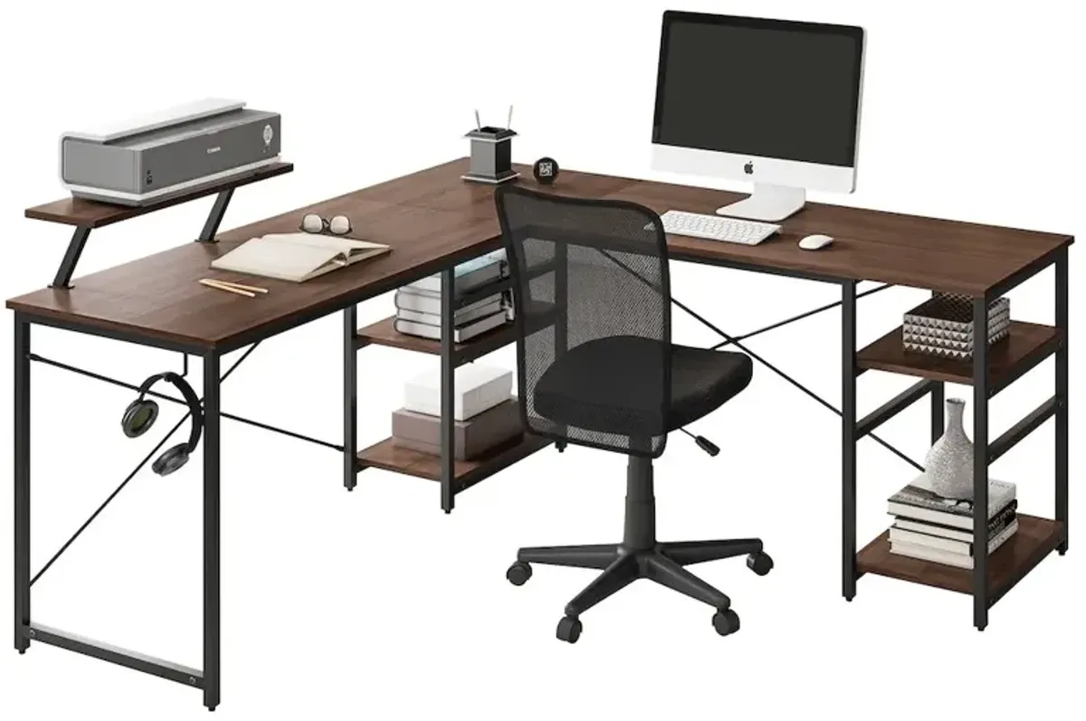 Techni Mobili L-Shape Industrial Desk with storage shelves, Walnut