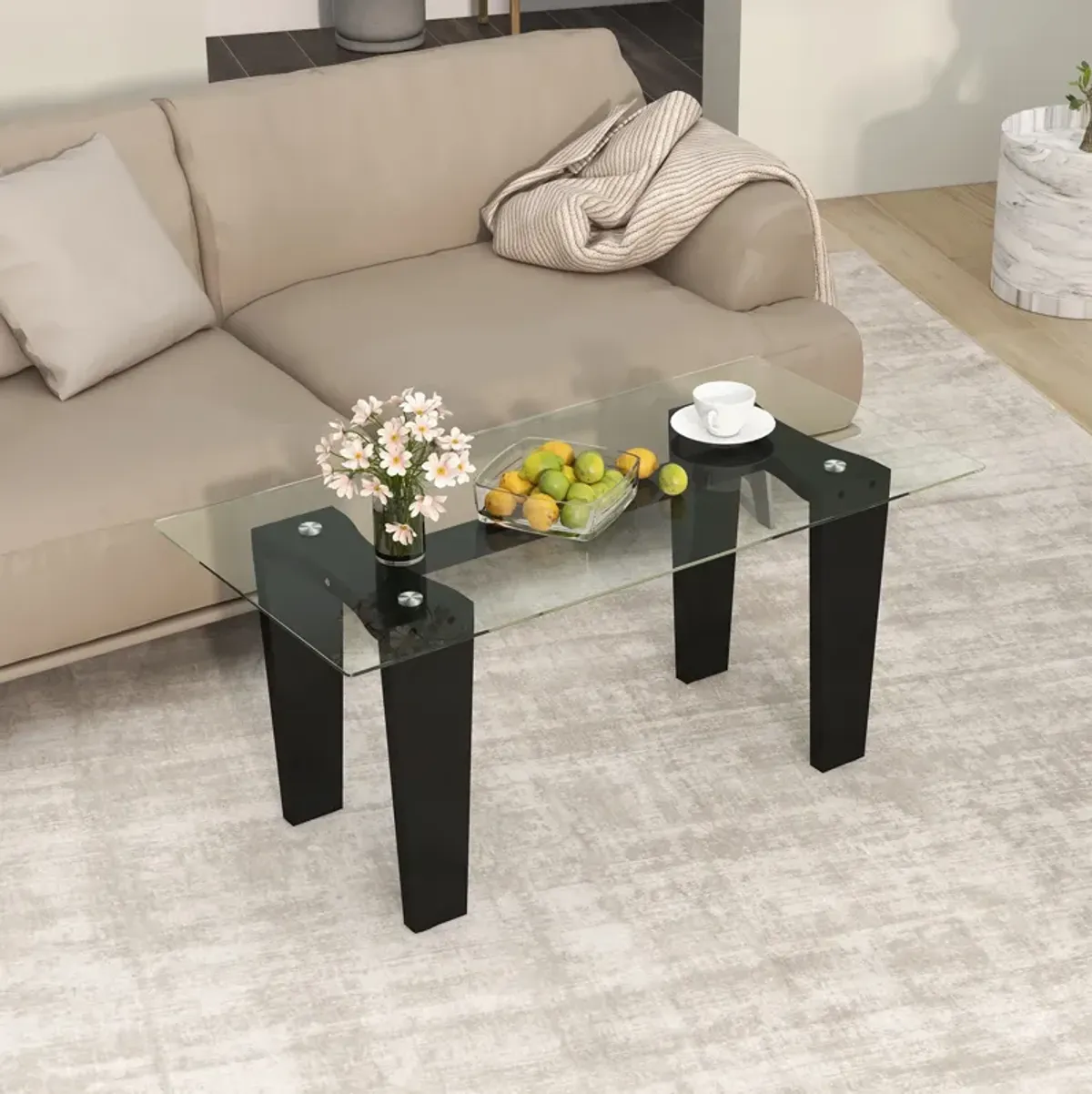 39.5 Inch Glass Coffee Table Modern Rectangular Center Table with Solid Rubber Wood Legs-Black