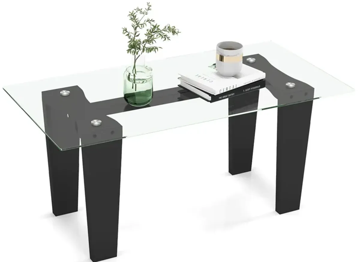 39.5 Inch Glass Coffee Table Modern Rectangular Center Table with Solid Rubber Wood Legs-Black