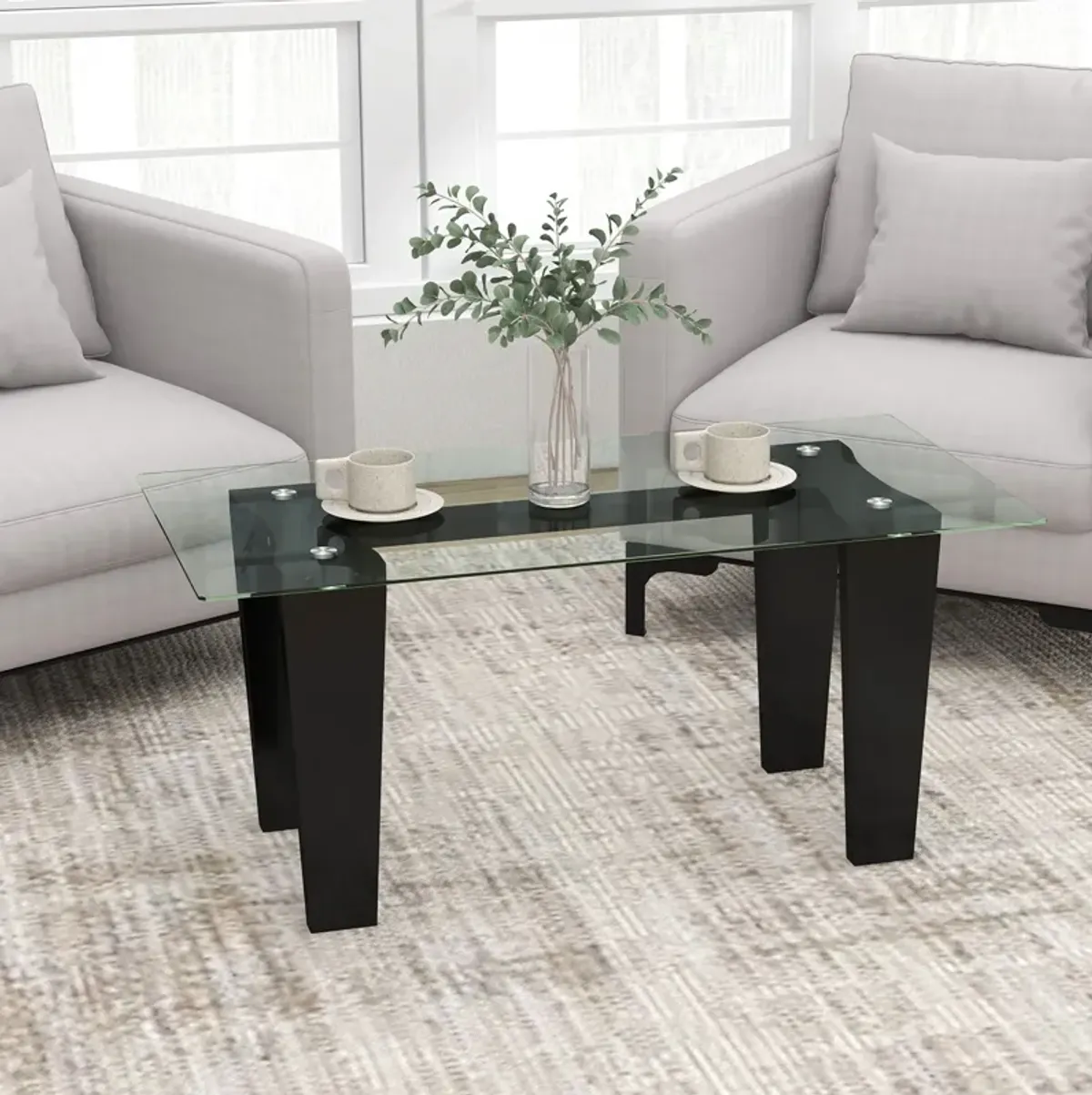 39.5 Inch Glass Coffee Table Modern Rectangular Center Table with Solid Rubber Wood Legs-Black