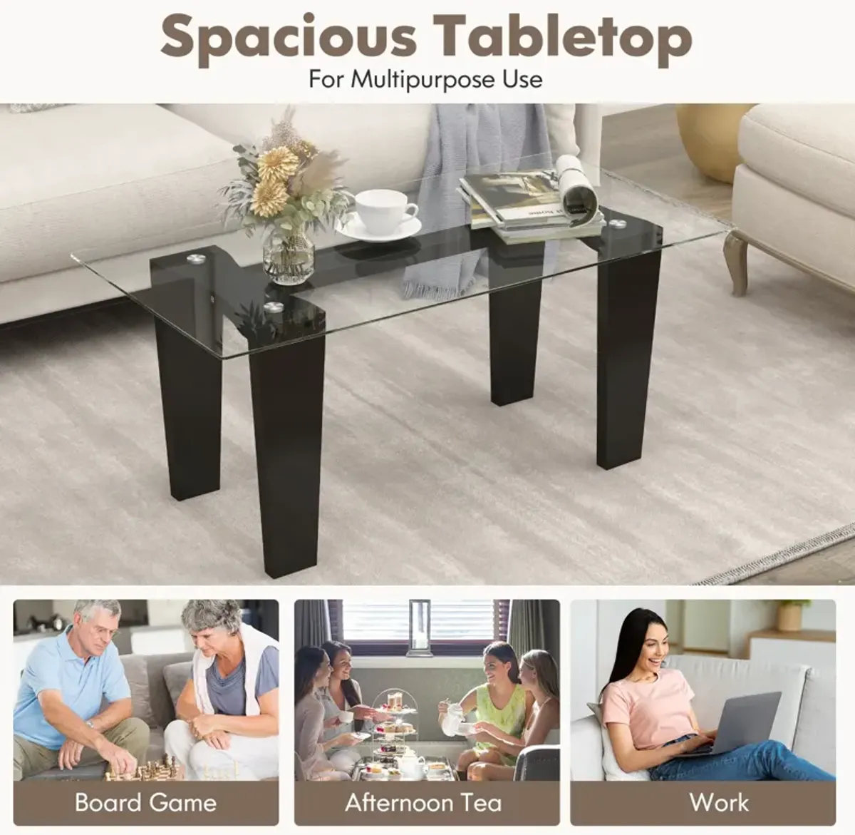 39.5 Inch Glass Coffee Table Modern Rectangular Center Table with Solid Rubber Wood Legs-Black