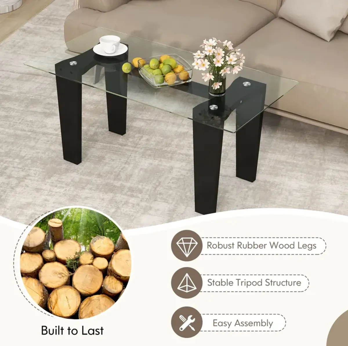 39.5 Inch Glass Coffee Table Modern Rectangular Center Table with Solid Rubber Wood Legs-Black