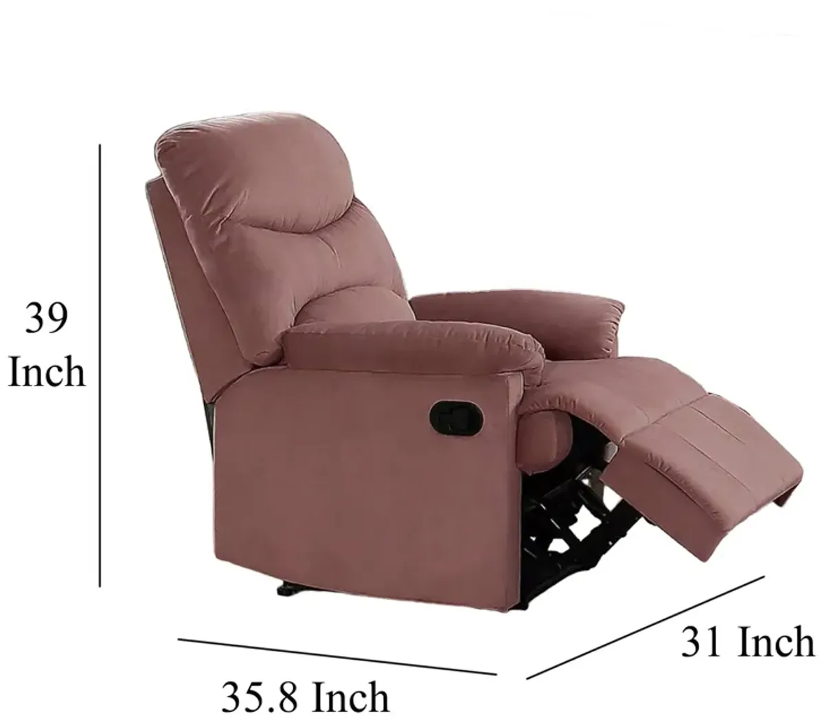 Karry Manual Recliner Chair, Cushioned Blush Pink Velvet, Solid Wood - Benzara