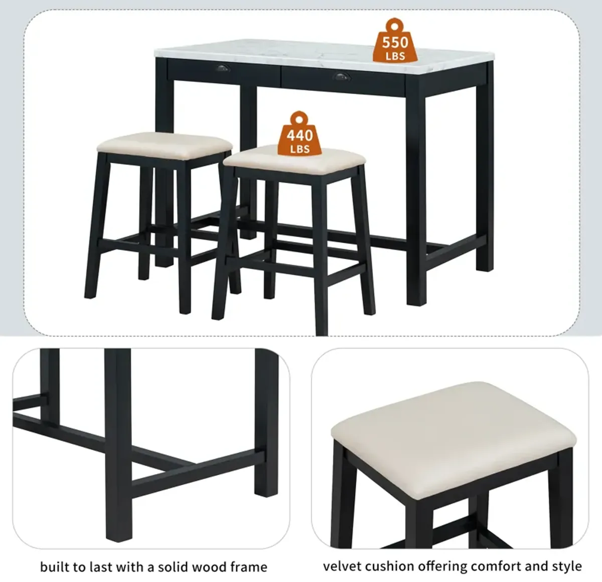 Merax 3-Piece Modern  Versatile Bar Table Stools Dining Set