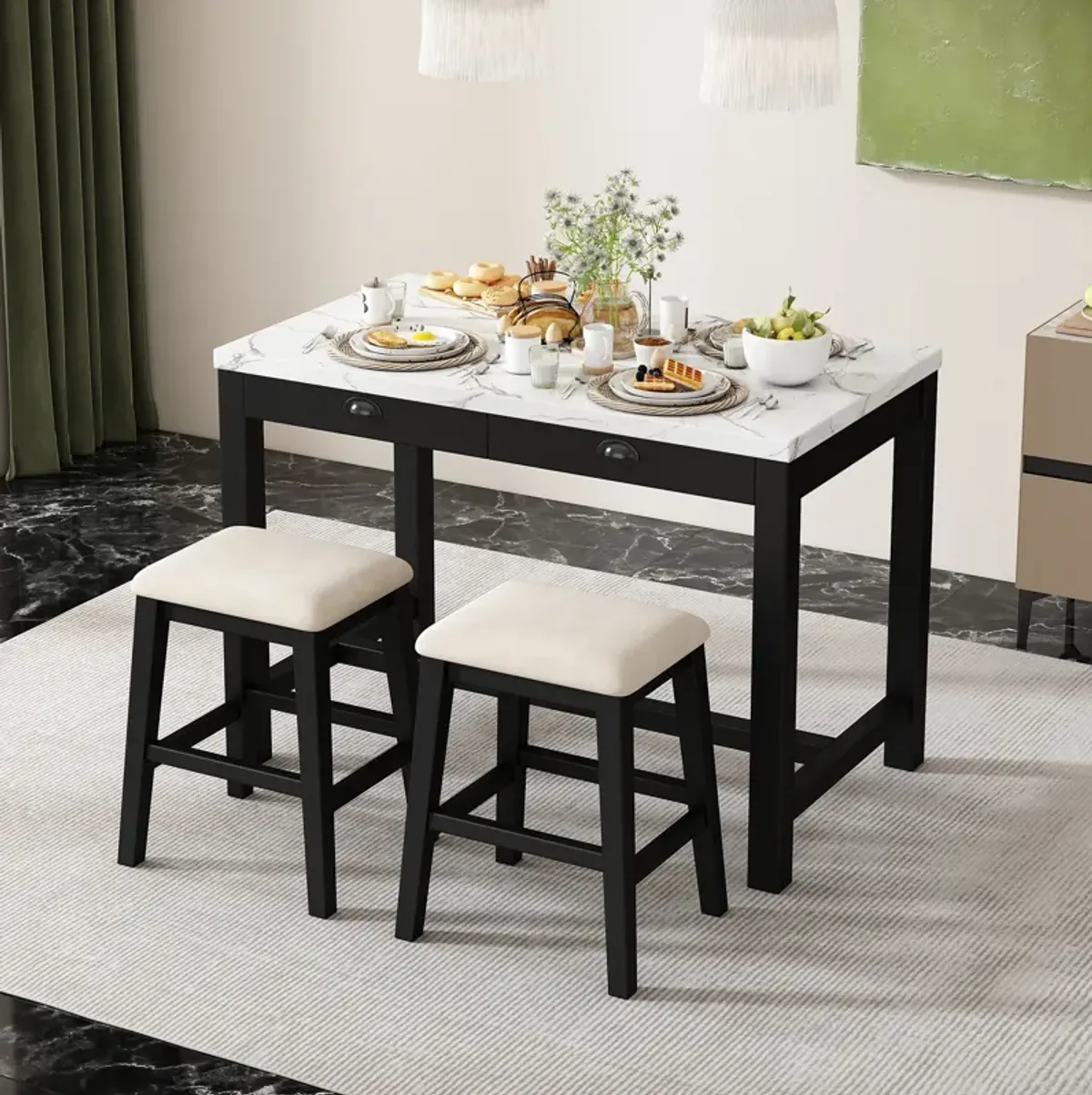 Merax 3-Piece Modern  Versatile Bar Table Stools Dining Set