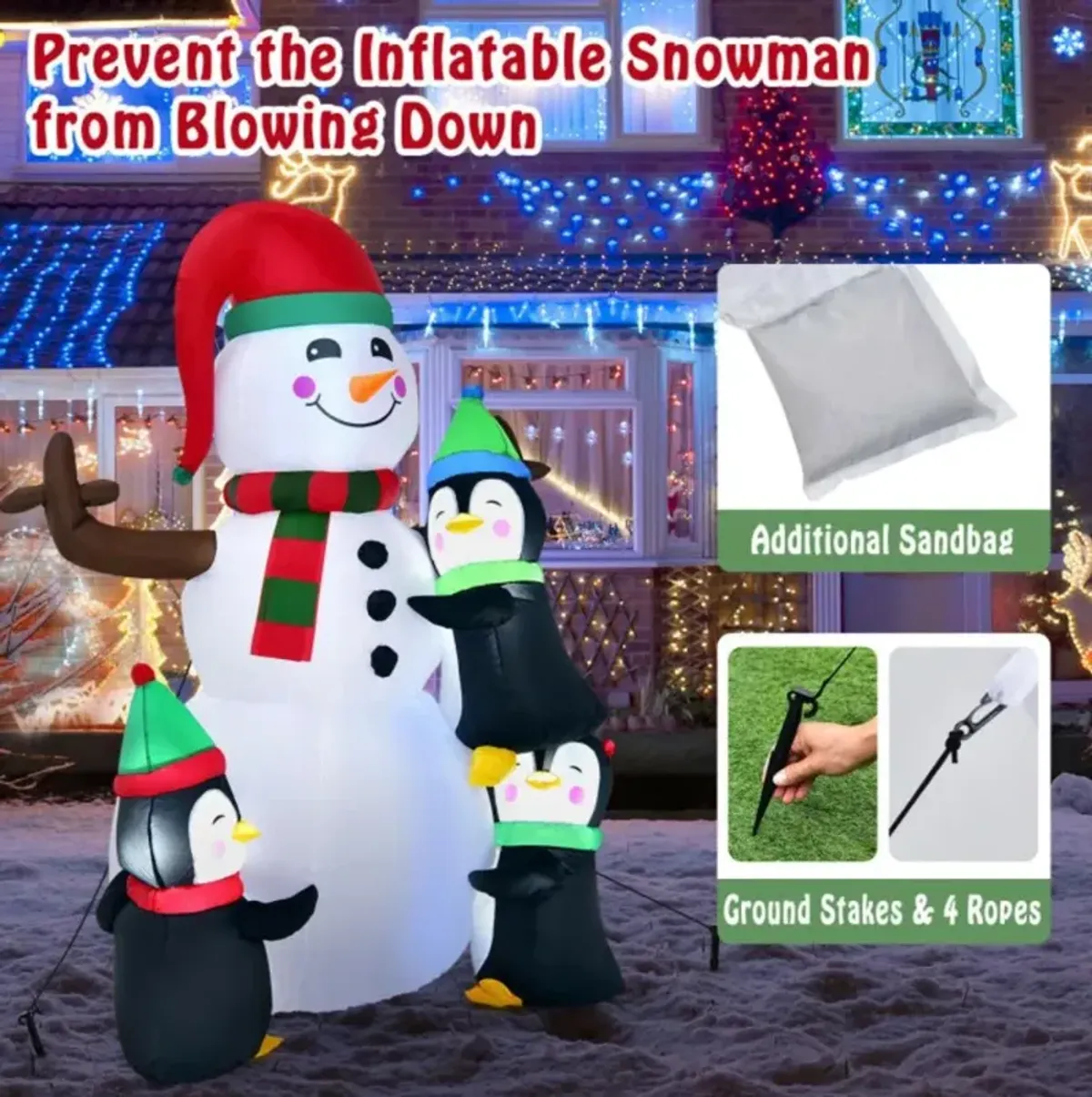 Hivvago 6 Feet Christmas Quick Inflatable Snowman with Penguins