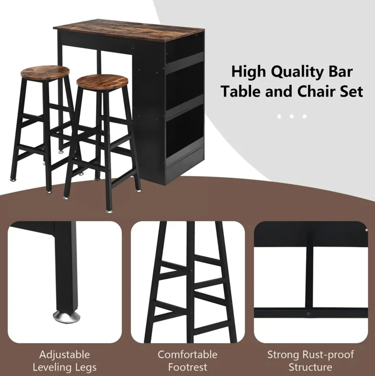 3 Pieces Bar Table Set with Storage