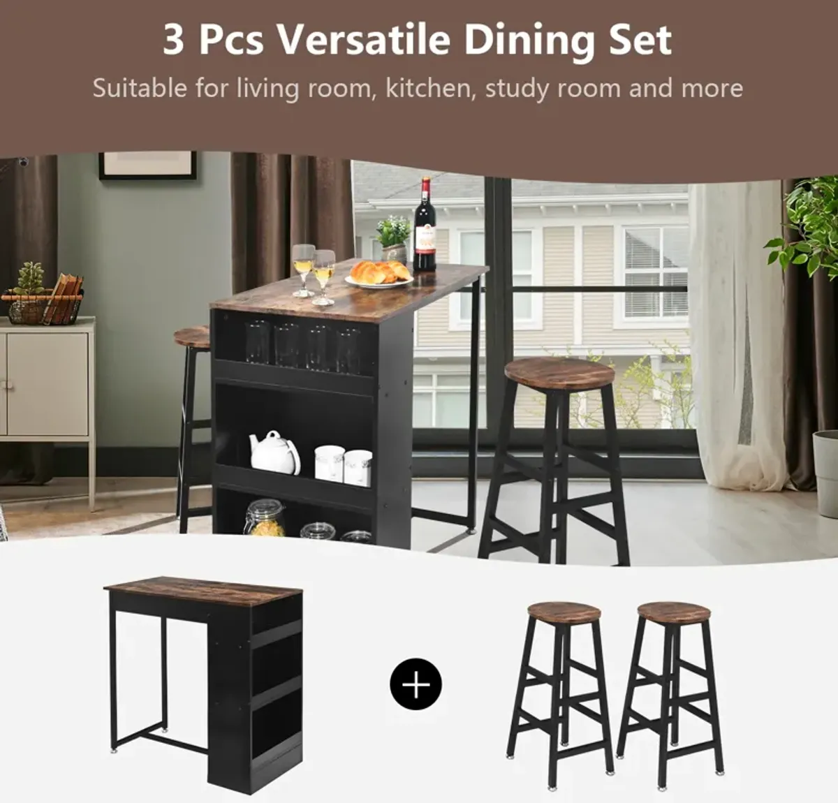 3 Pieces Bar Table Set with Storage