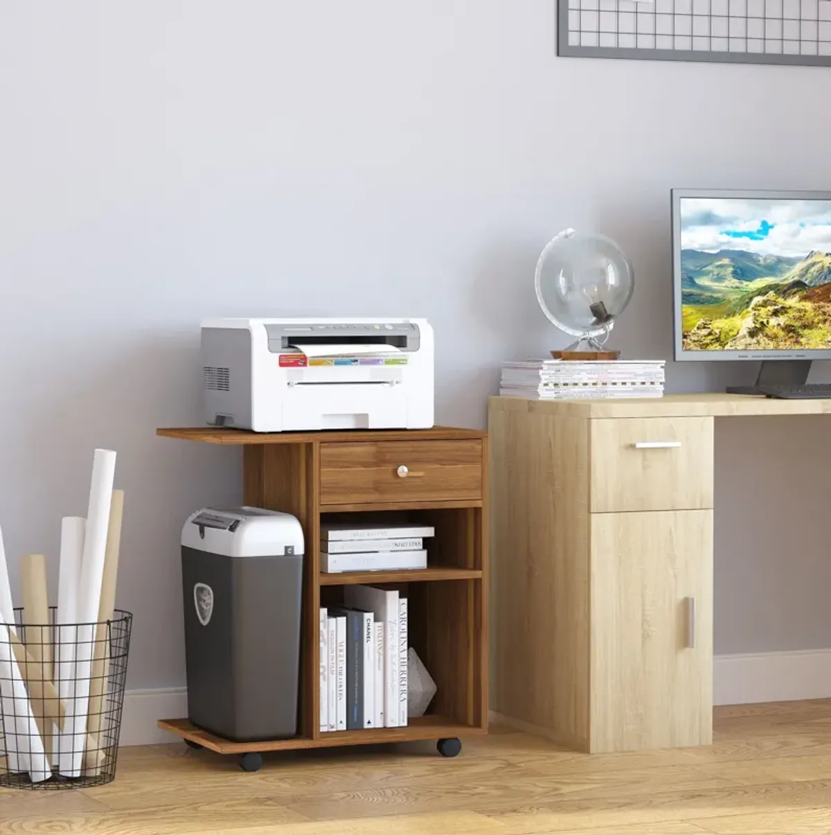 Walnut Printer Organizer: Rolling Cart with Adjustable Shelf and Drawer