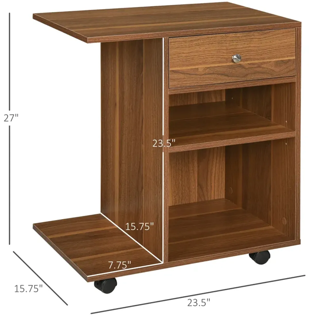 Walnut Printer Organizer: Rolling Cart with Adjustable Shelf and Drawer