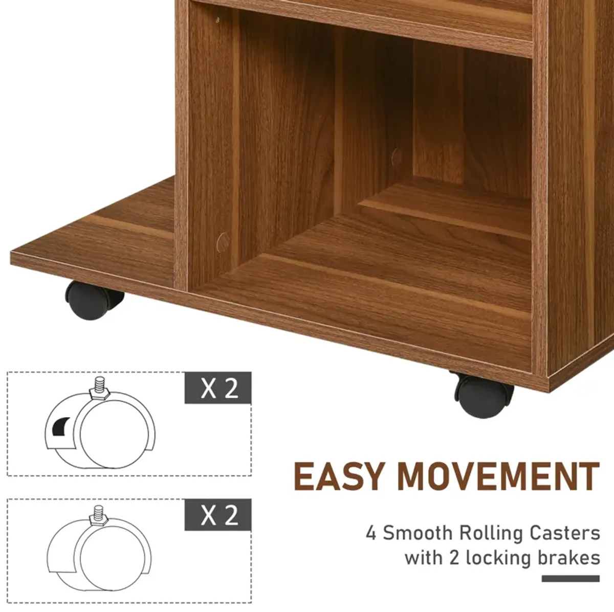 Walnut Printer Organizer: Rolling Cart with Adjustable Shelf and Drawer