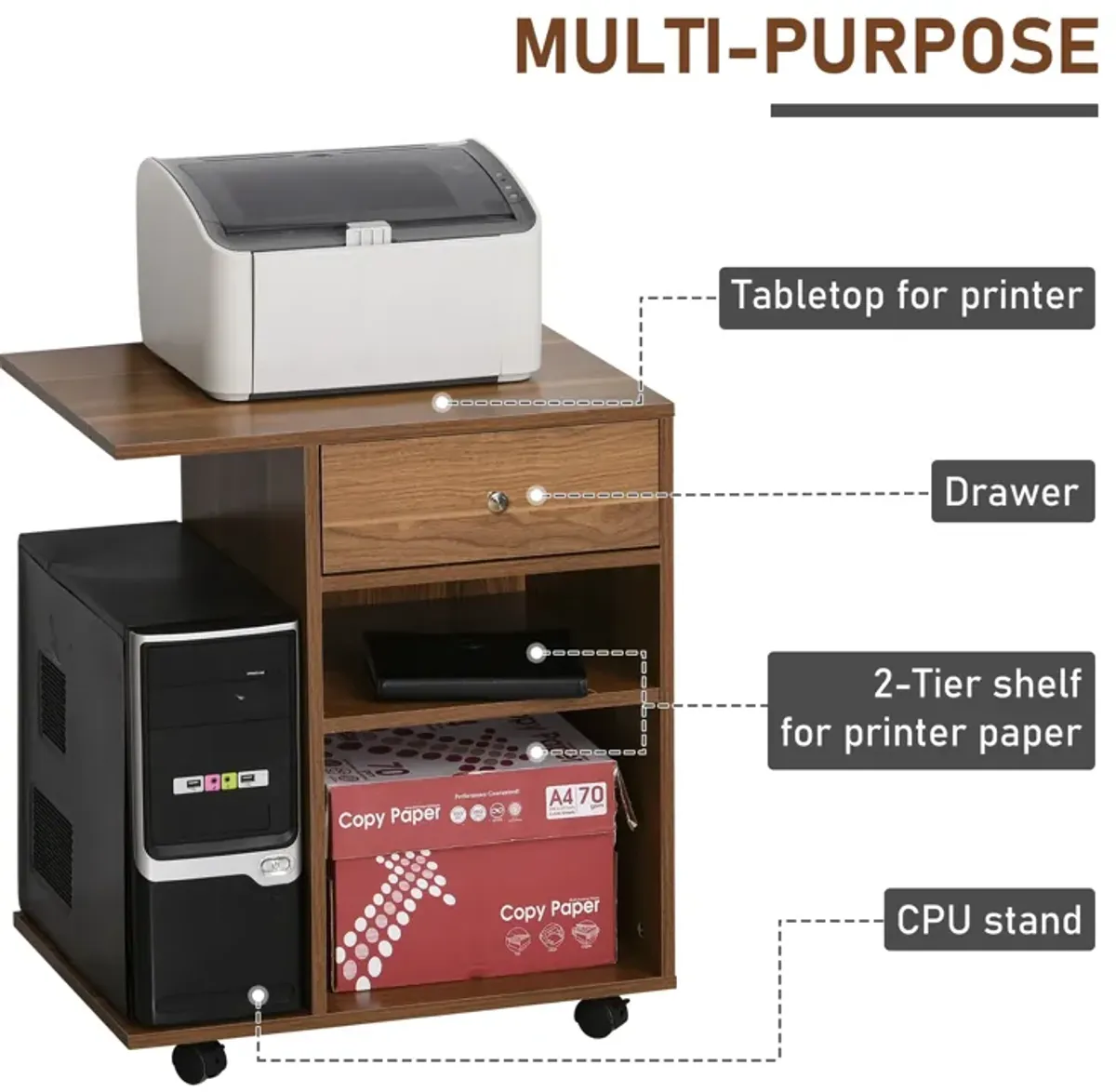 Walnut Printer Organizer: Rolling Cart with Adjustable Shelf and Drawer