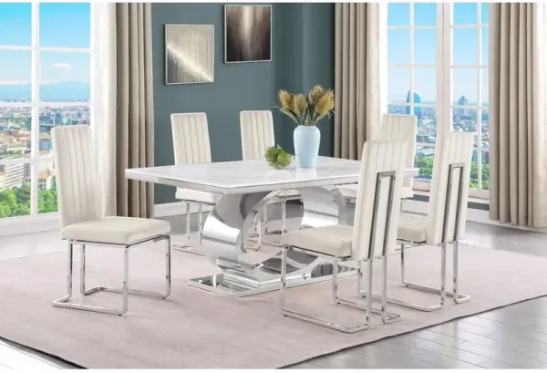 7pc Small(68") marble top dining set with silver base and 6 Cream side chairs