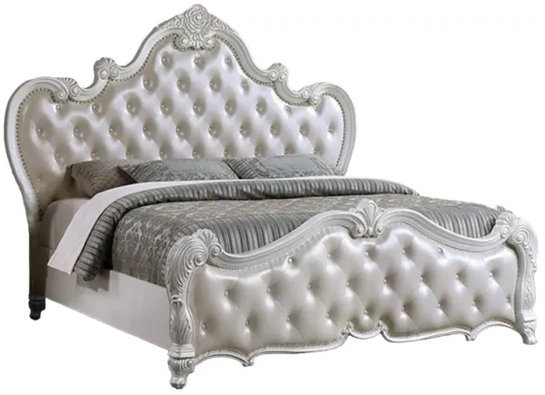 Venta Queen Size Bed, Pearl White Button Tufted Faux Leather Upholstery - Benzara