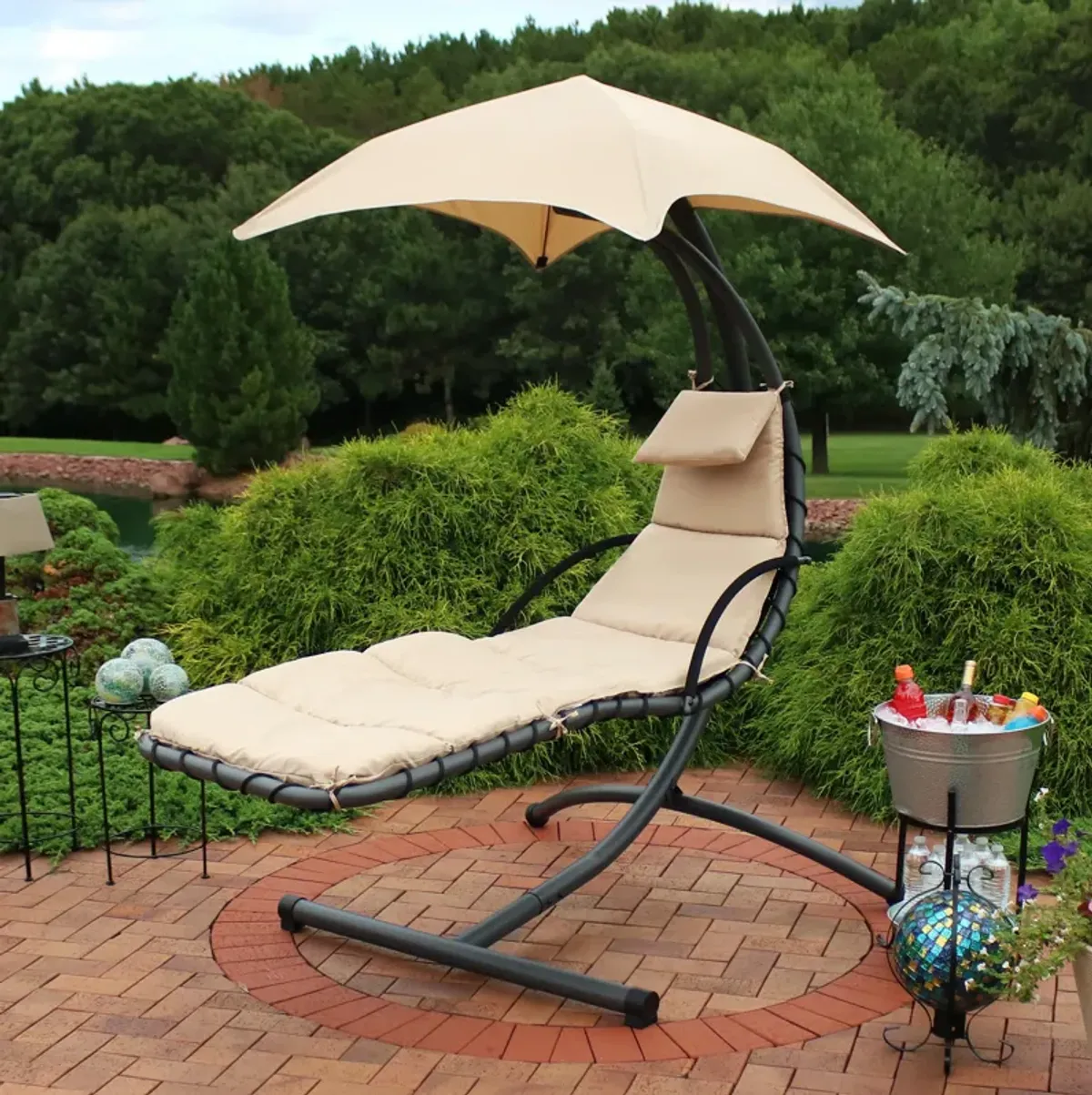 Sunnydaze Floating Chaise Lounge Chair with Canopy and Arc Stand