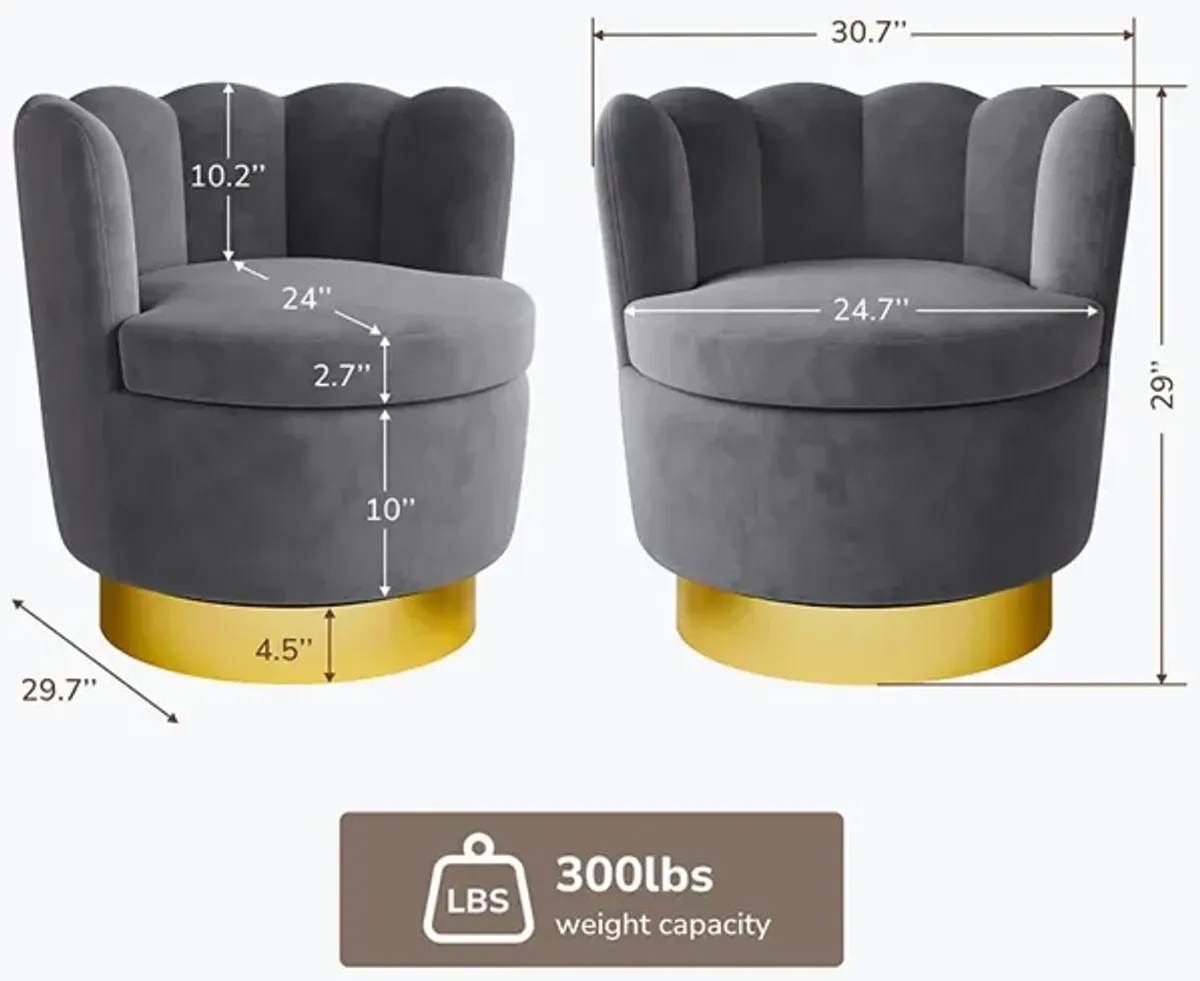 BELLEZE Swivel Accent Chair, Velvet Modern Round Petal Swivel Barrel Chair, 360° Upholstery Swivel Sofa Armchair, Comfy Swivel Accent Chair for Living Room Bedroom - Lotus (Dark Grey)