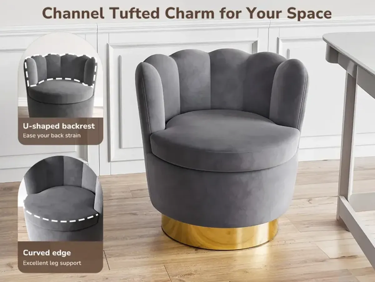 BELLEZE Swivel Accent Chair, Velvet Modern Round Petal Swivel Barrel Chair, 360° Upholstery Swivel Sofa Armchair, Comfy Swivel Accent Chair for Living Room Bedroom - Lotus (Dark Grey)