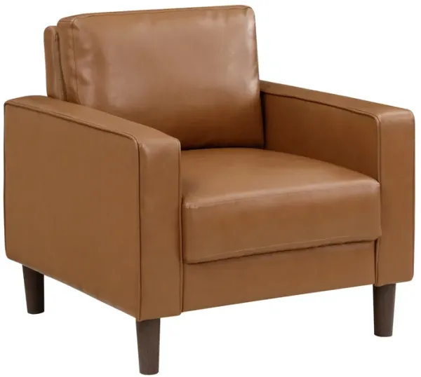Stark 33 Inch Chair, Brown Faux Leather, Track Style Arms, Solid Wood - Benzara