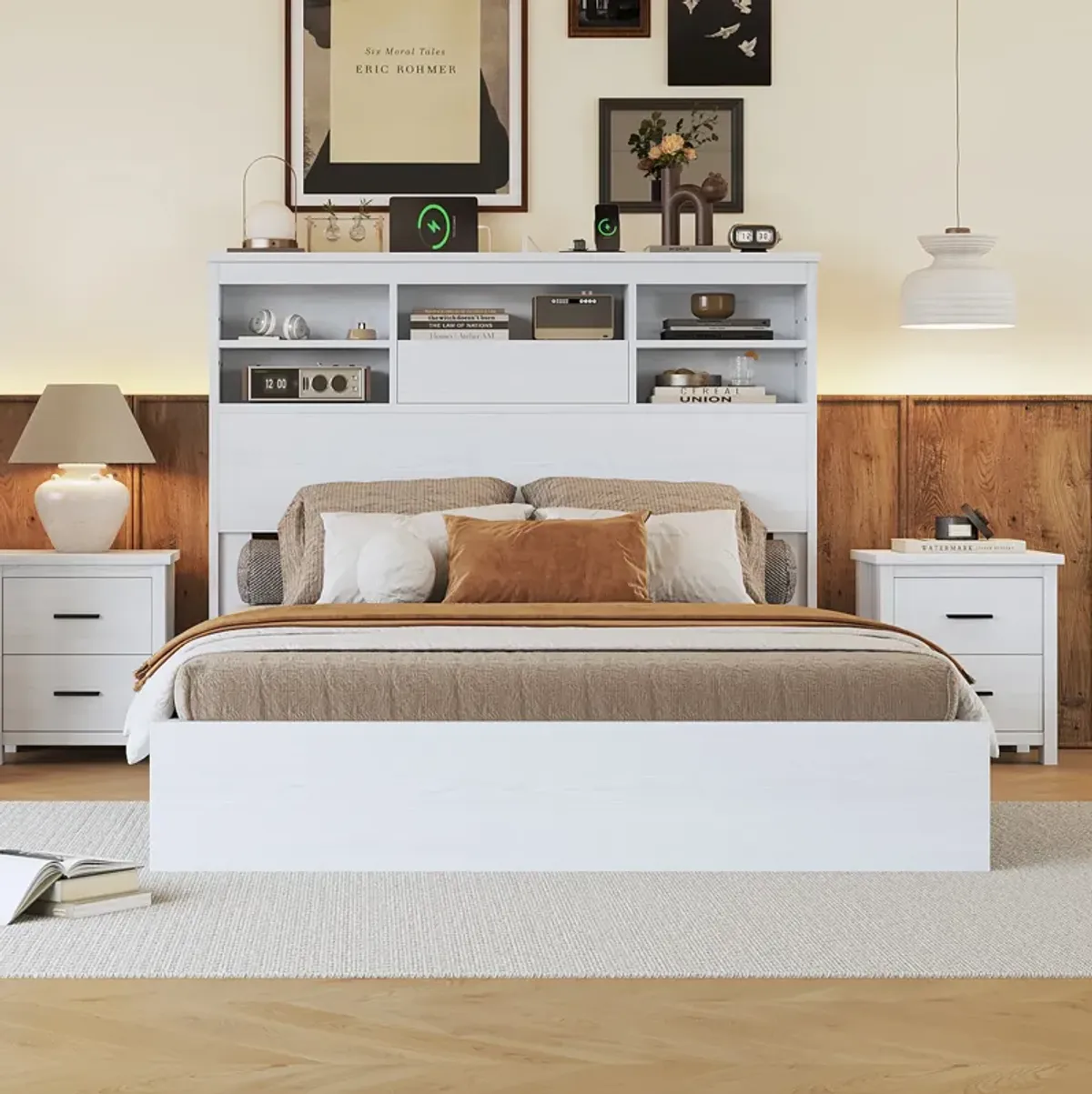 Merax Vintage Platform Bed with Storage Headboard and Charging Station