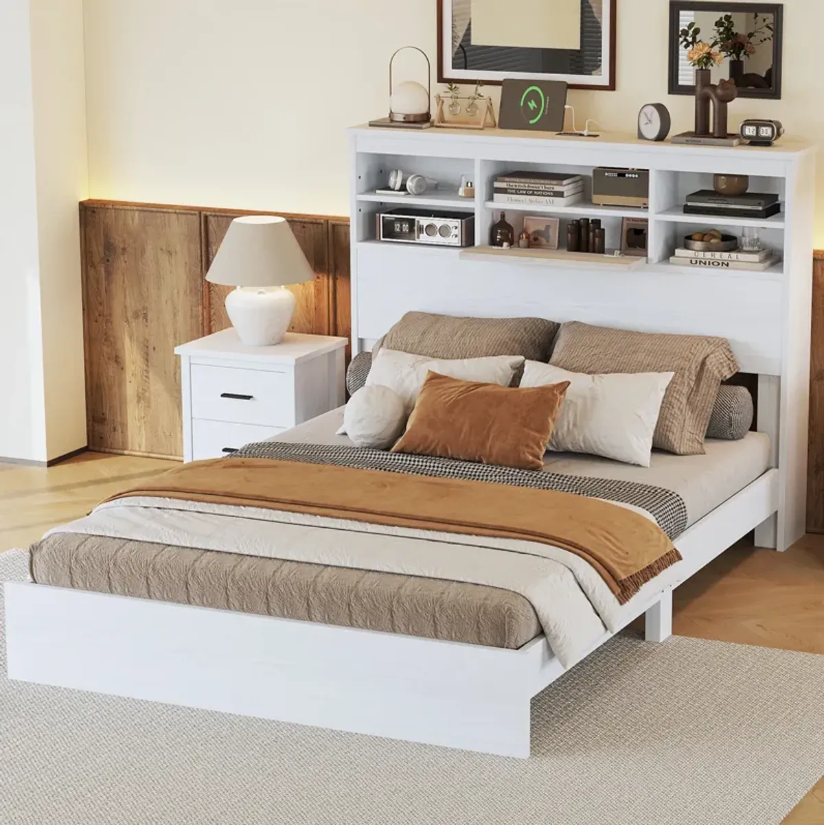 Merax Vintage Platform Bed with Storage Headboard and Charging Station